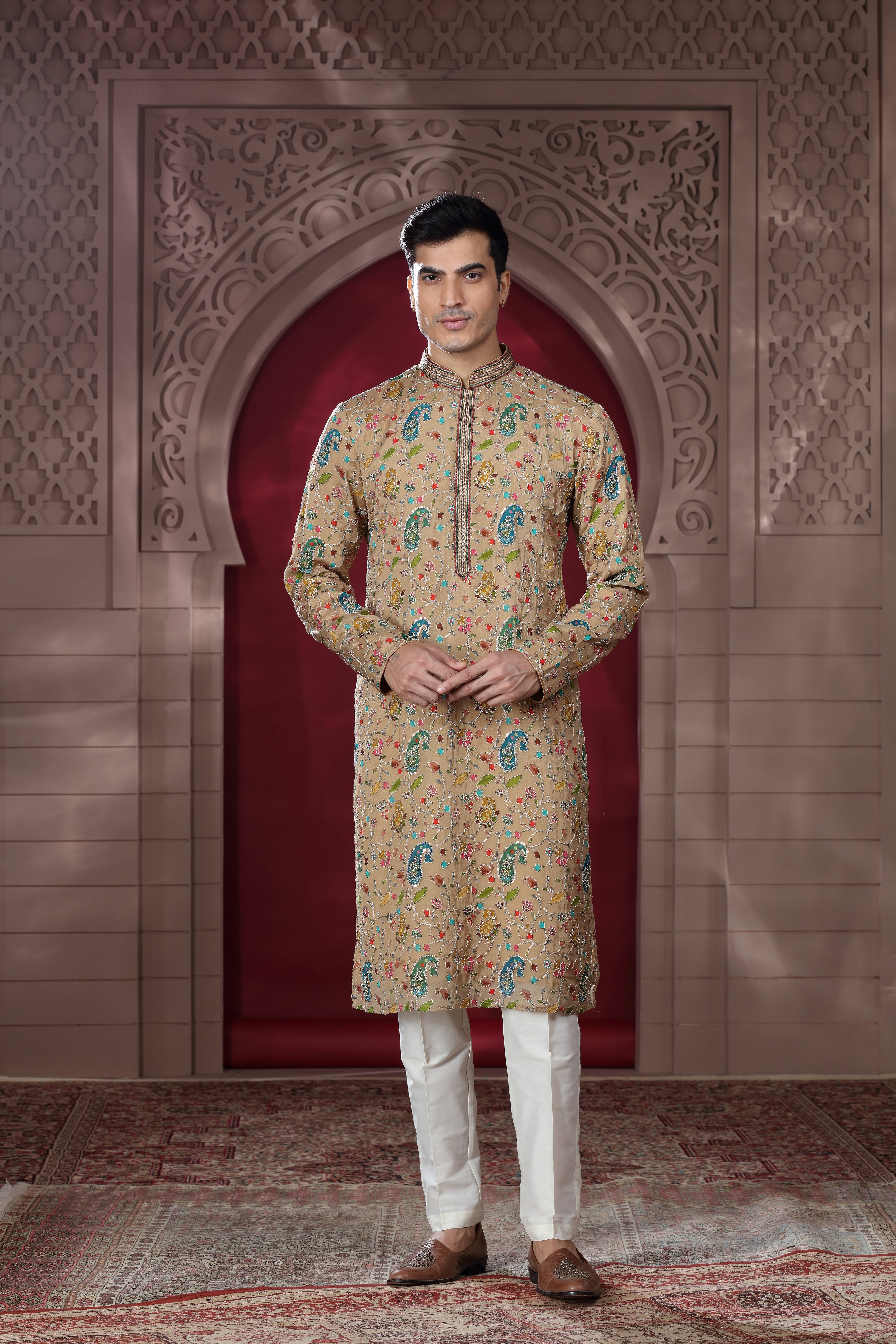 Beige Silk Kurta Set with Silver Thread Aari Work, Sequence Work