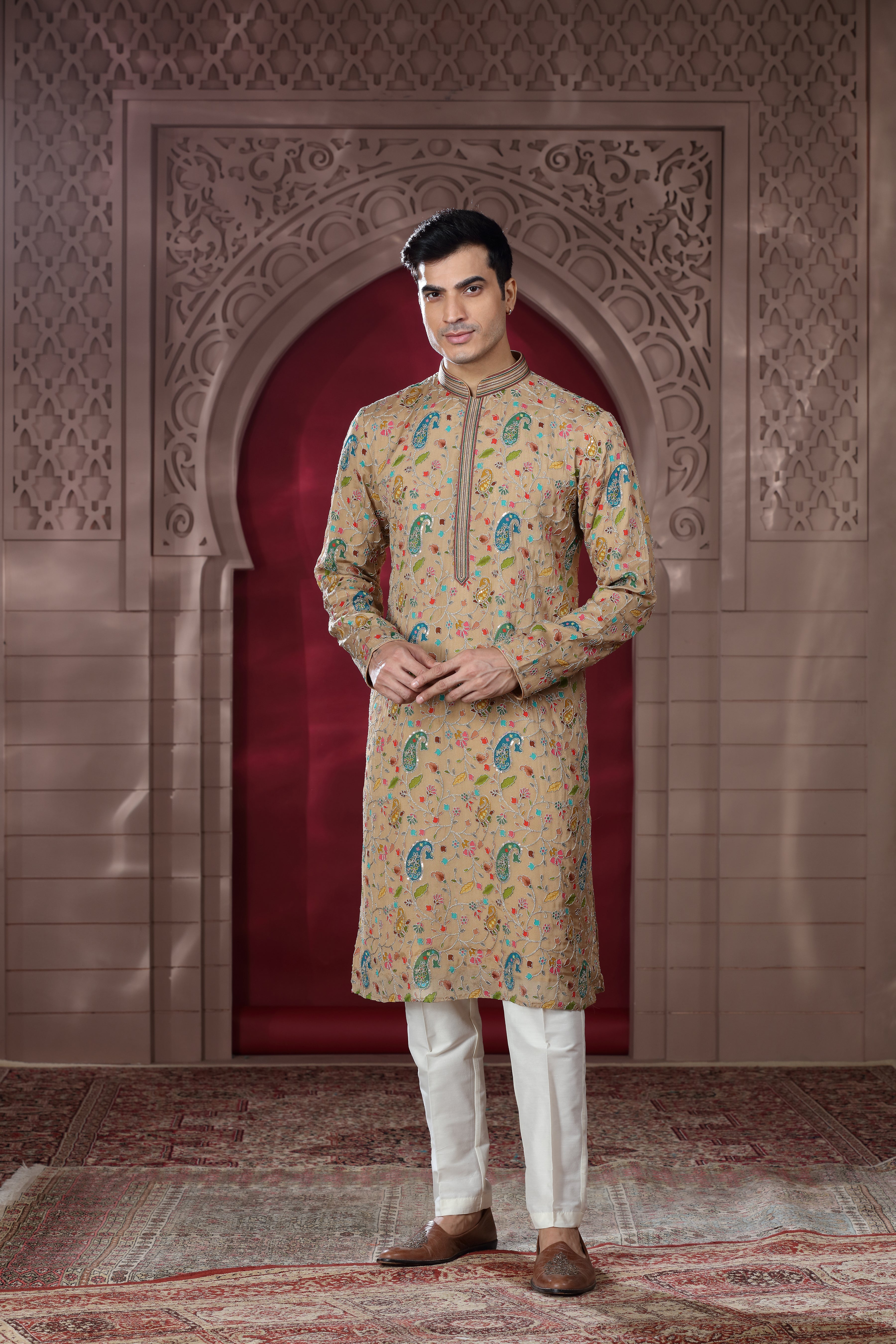 Beige Silk Kurta Set with Silver Thread Aari Work, Sequence Work