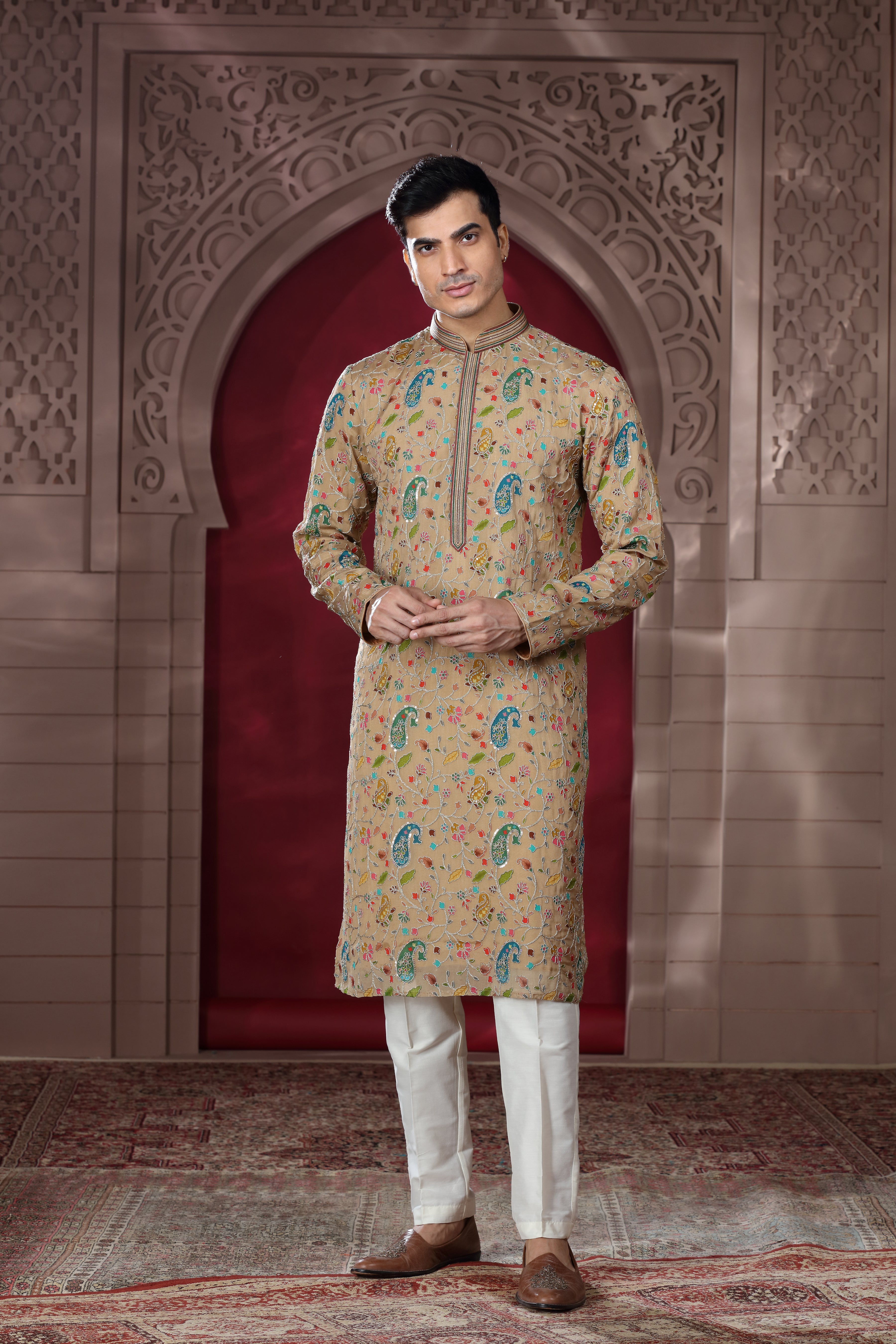 Beige Silk Kurta Set with Silver Thread Aari Work, Sequence Work