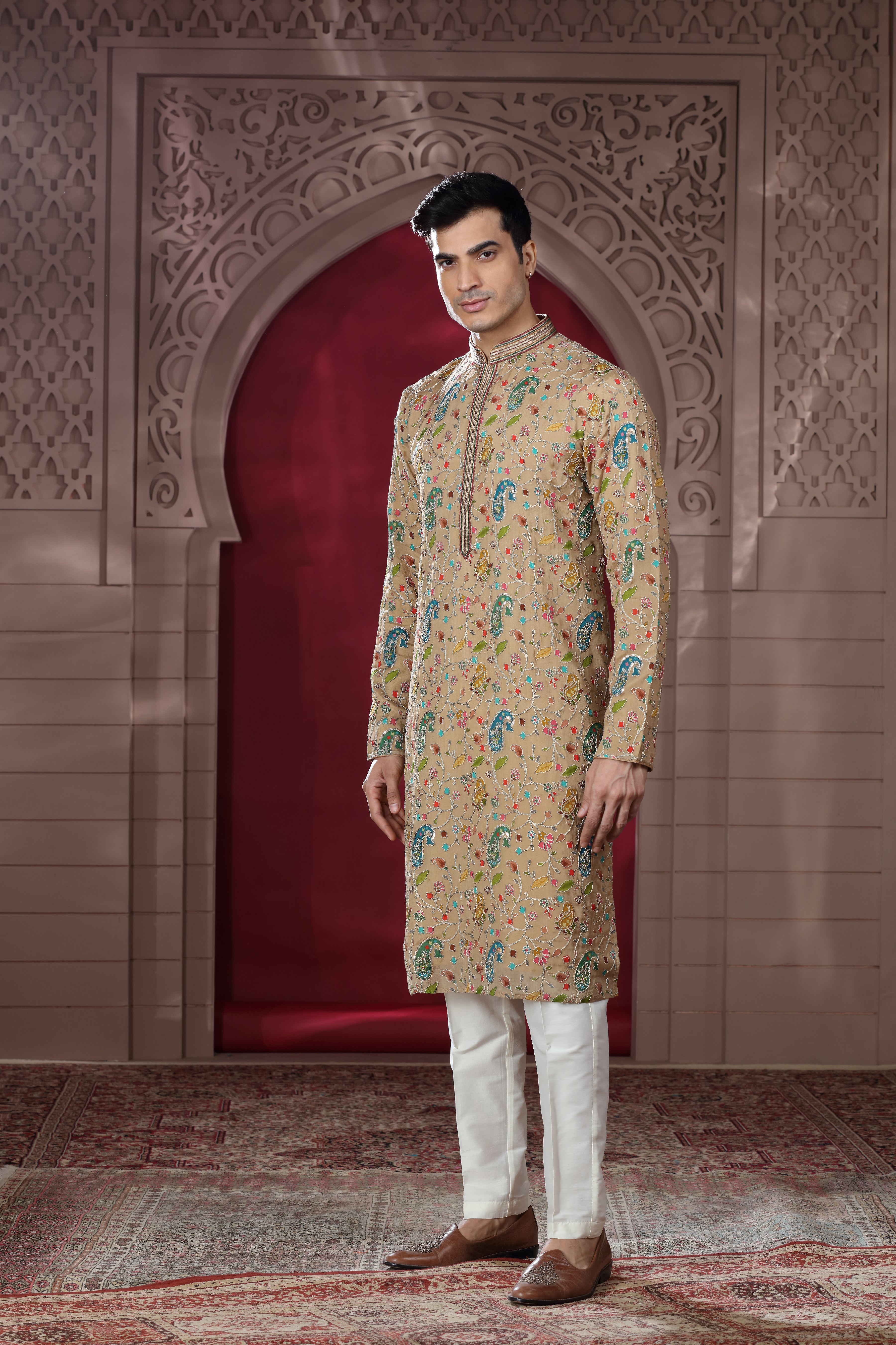 Beige Silk Kurta Set with Silver Thread Aari Work, Sequence Work