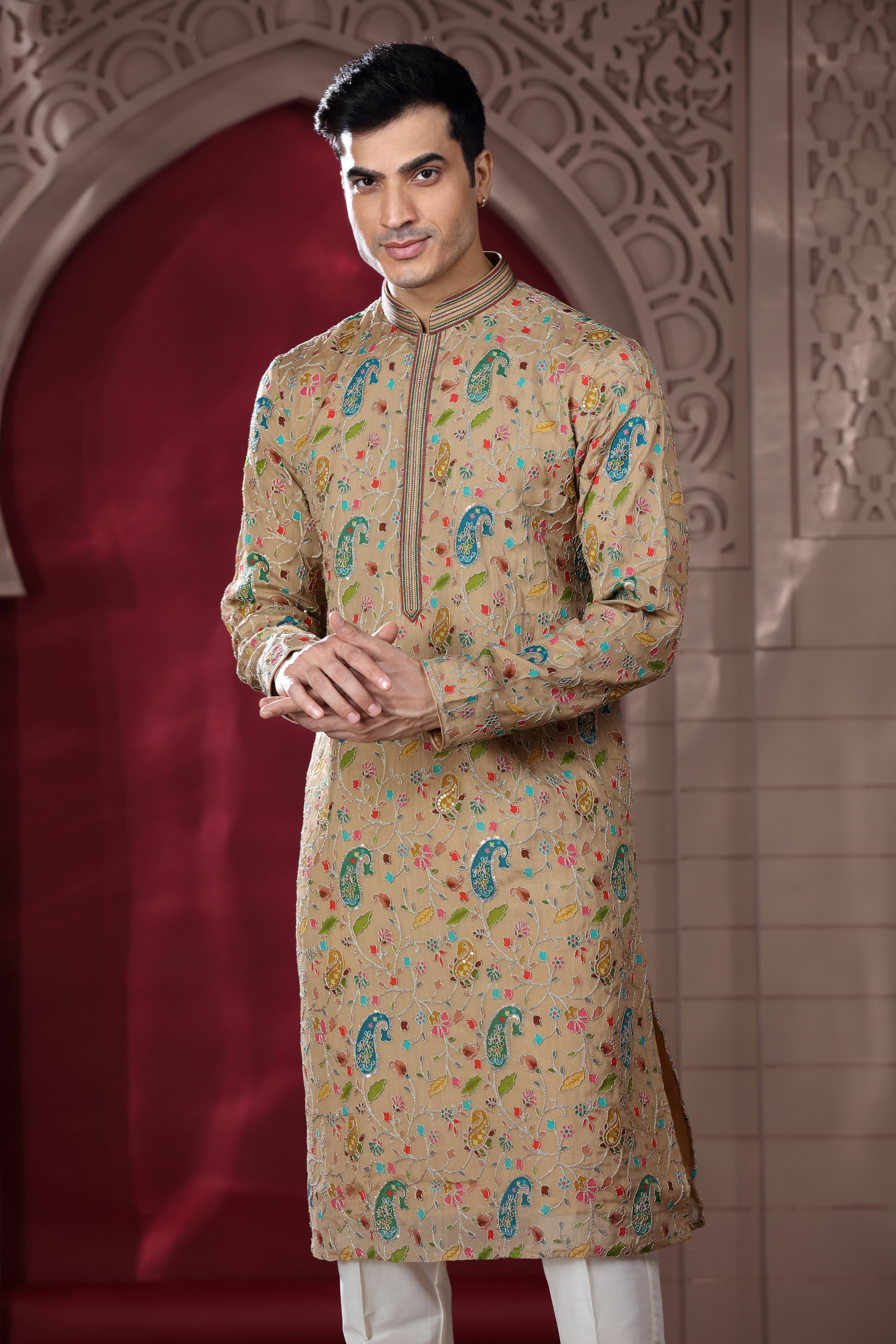 Beige Silk Kurta Set with Silver Thread Aari Work, Sequence Work