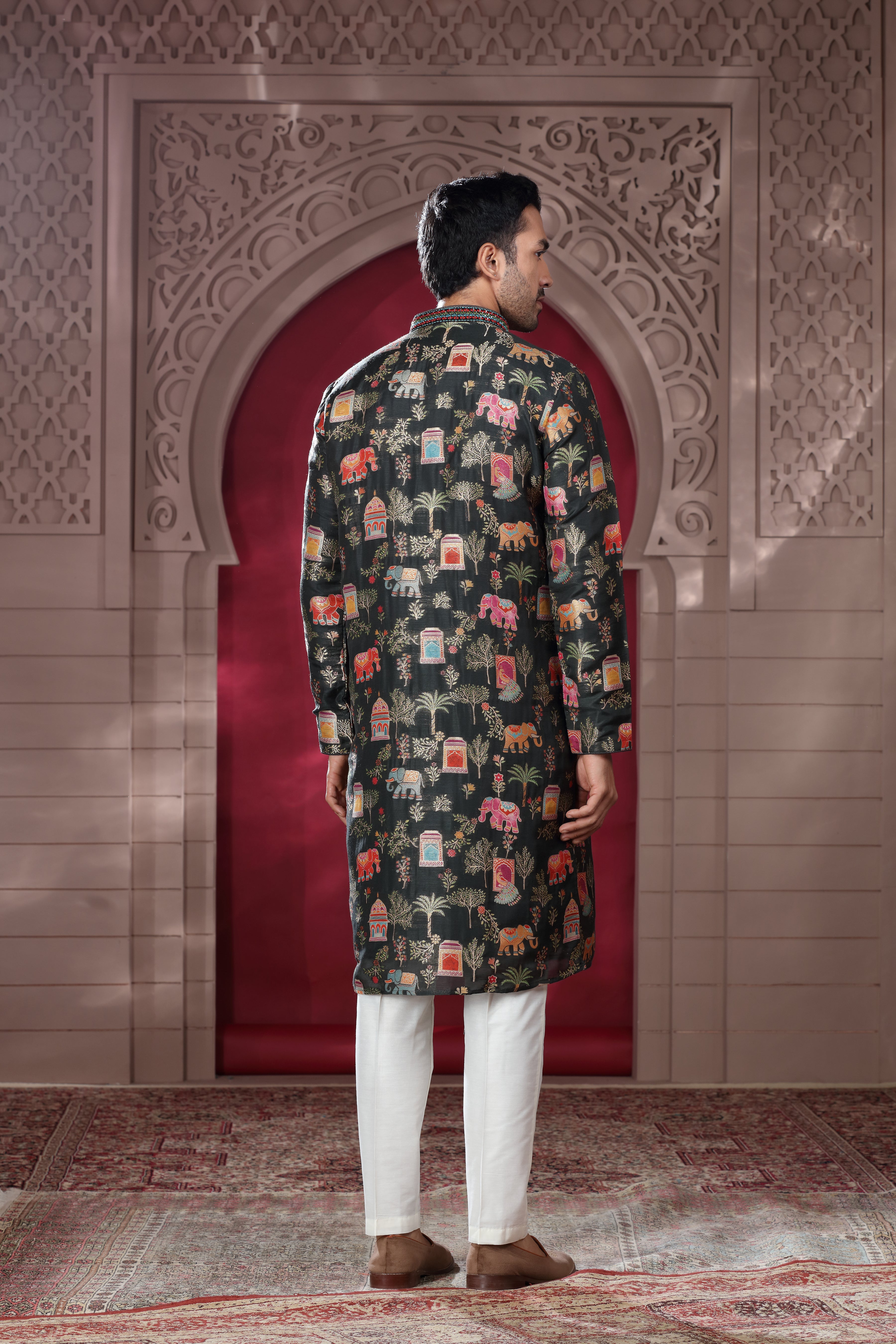 Black Silk Kurta Set with Thread Embroidery & Mirror Work