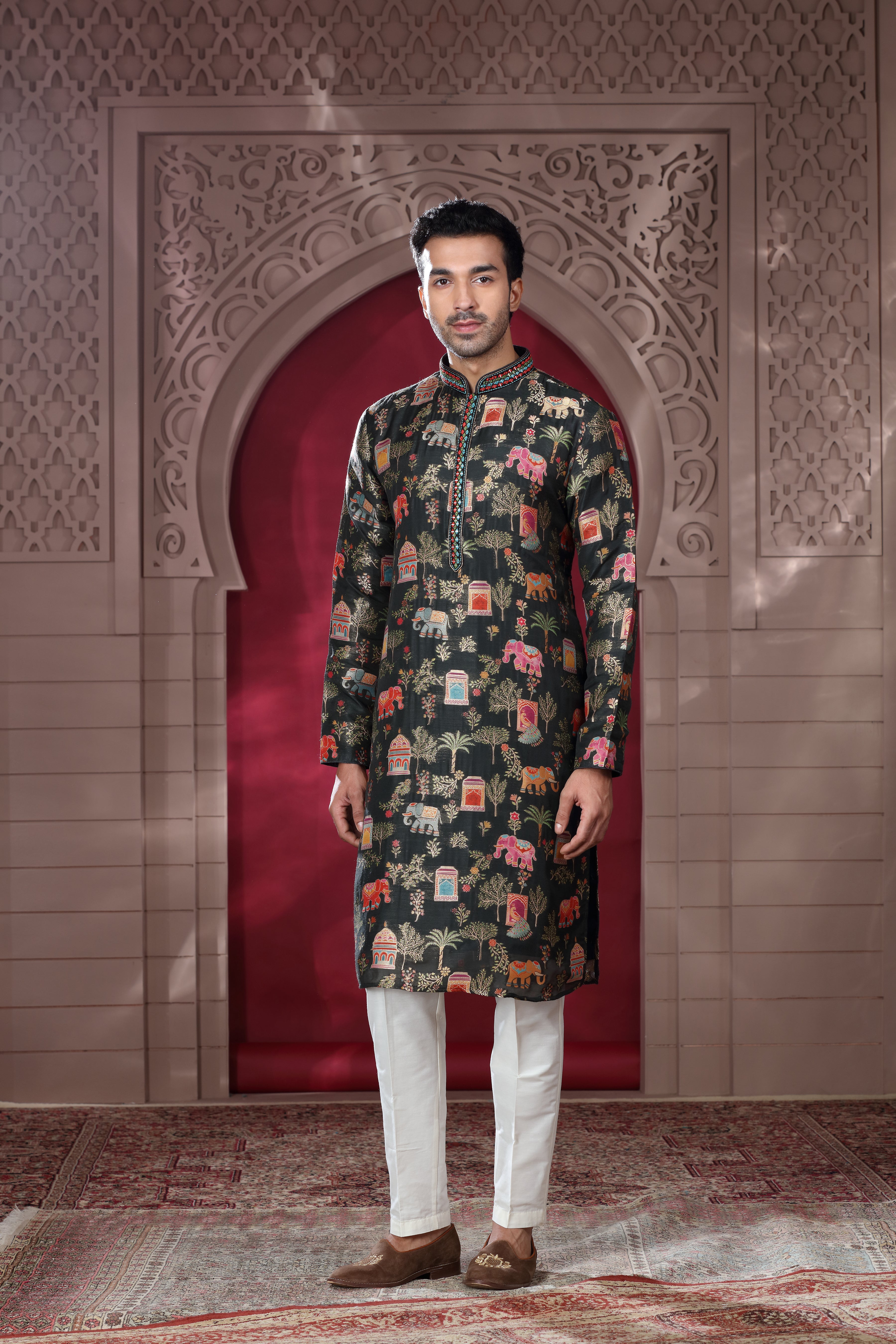 Black Silk Kurta Set with Thread Embroidery & Mirror Work