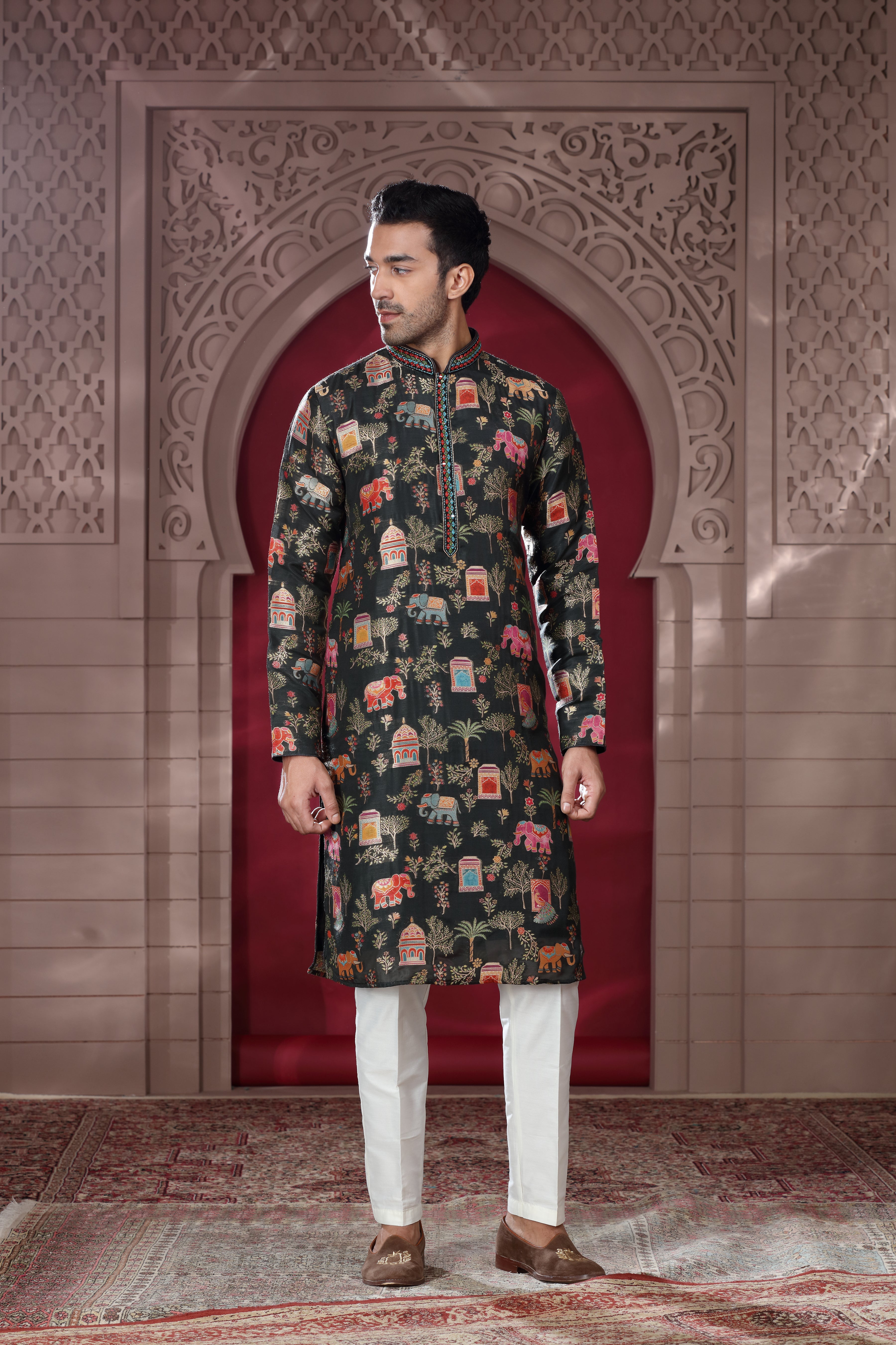 Black Silk Kurta Set with Thread Embroidery & Mirror Work