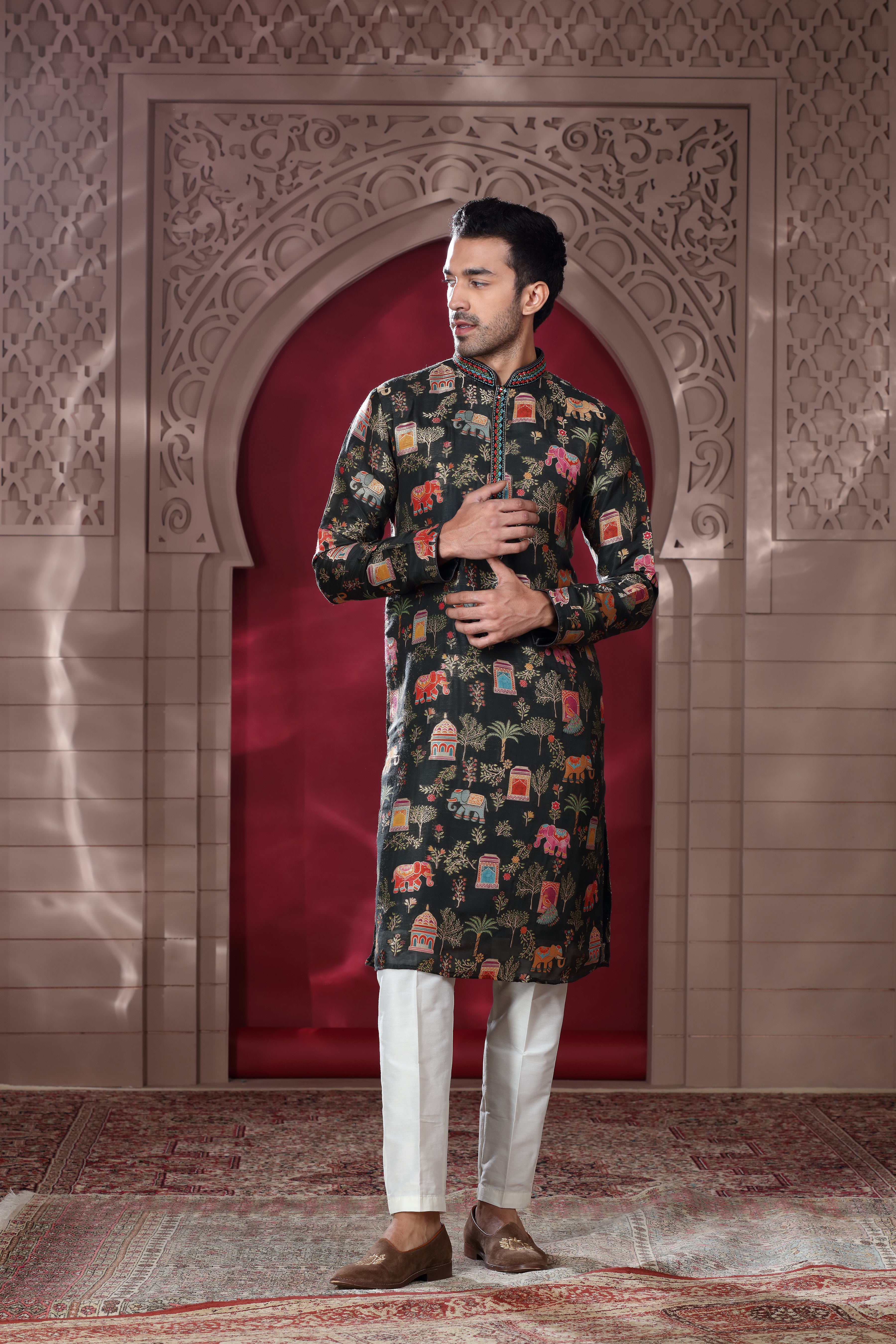 Black Silk Kurta Set with Thread Embroidery & Mirror Work