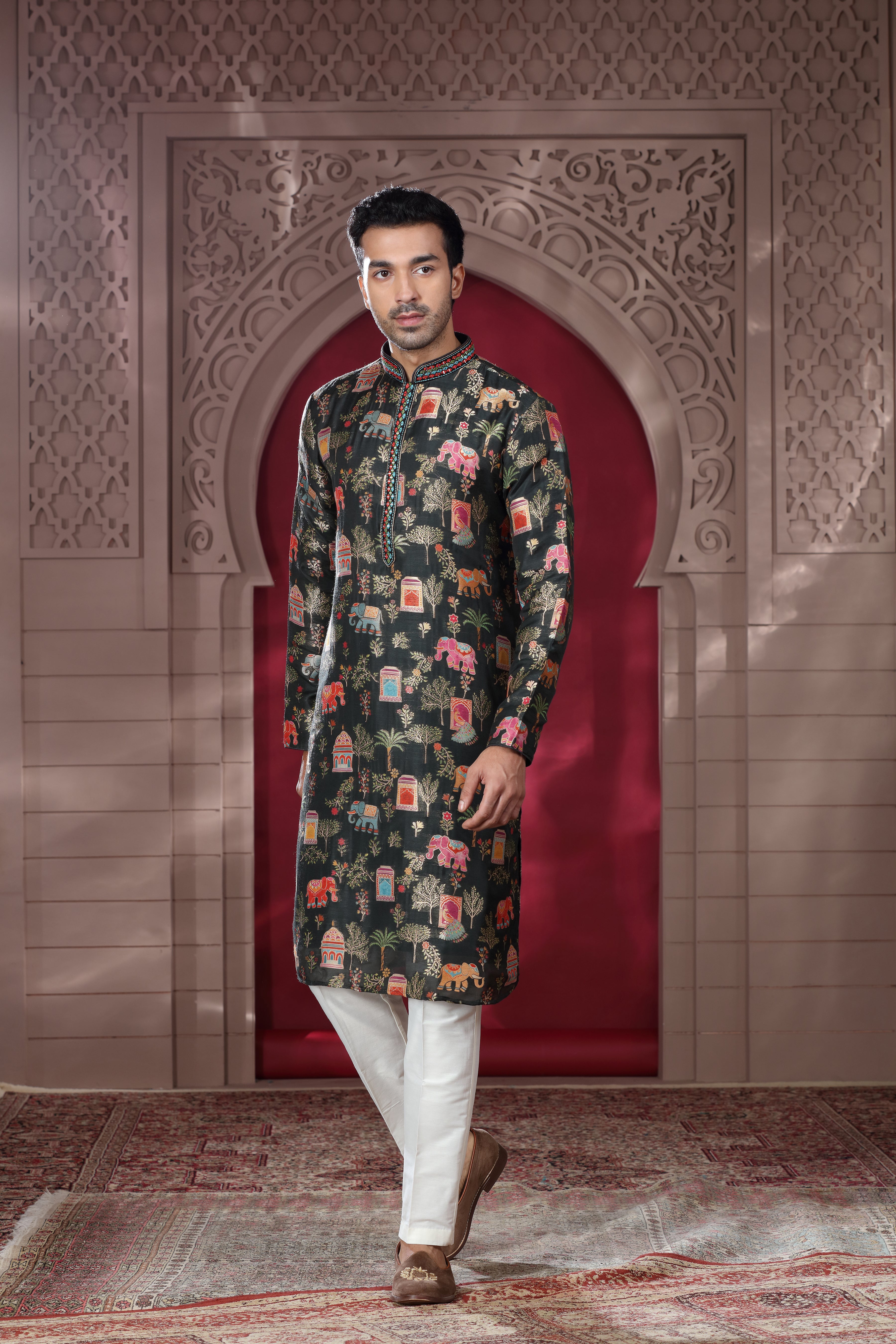 Black Silk Kurta Set with Thread Embroidery & Mirror Work