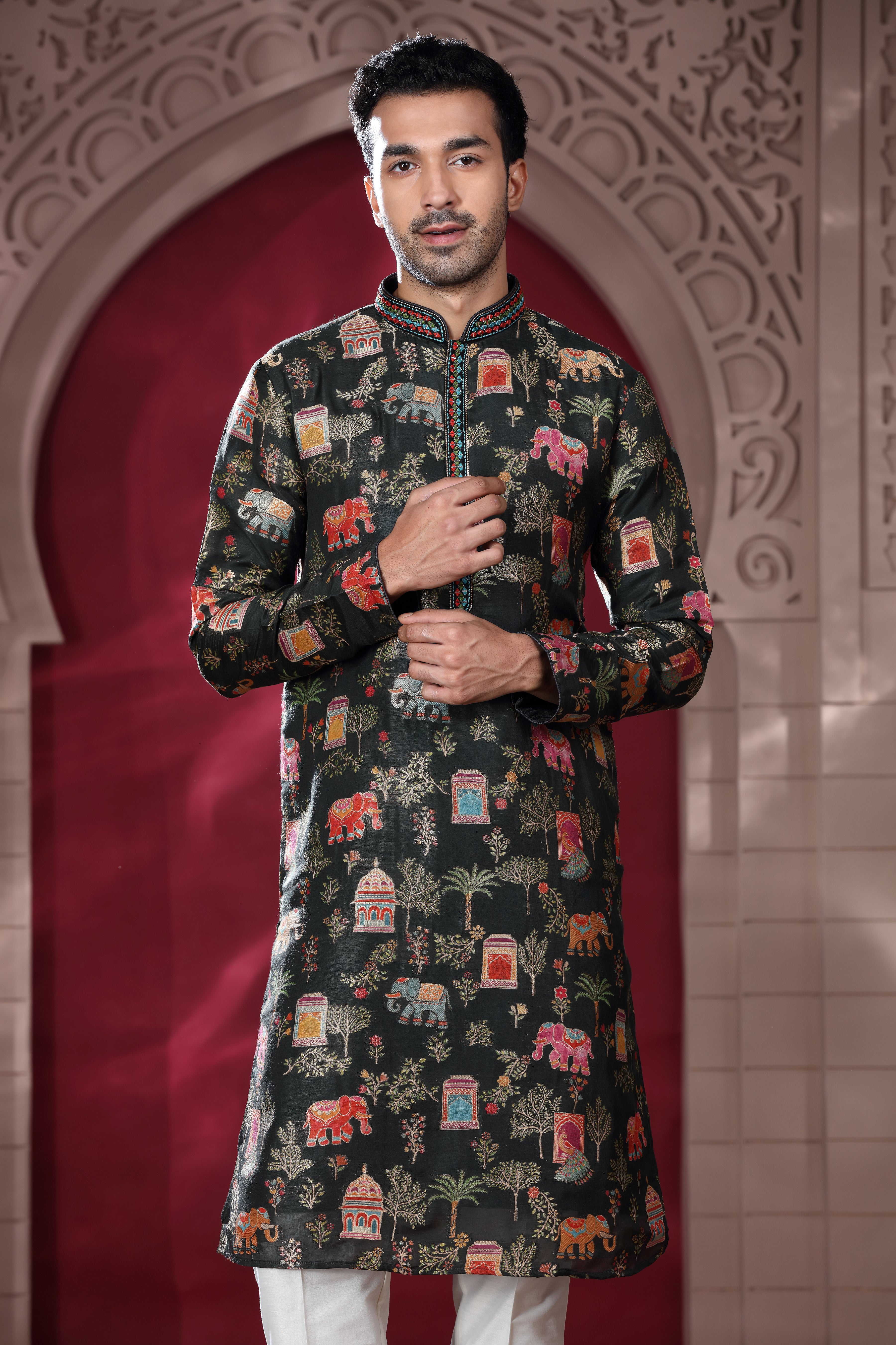 Black Silk Kurta Set with Thread Embroidery & Mirror Work