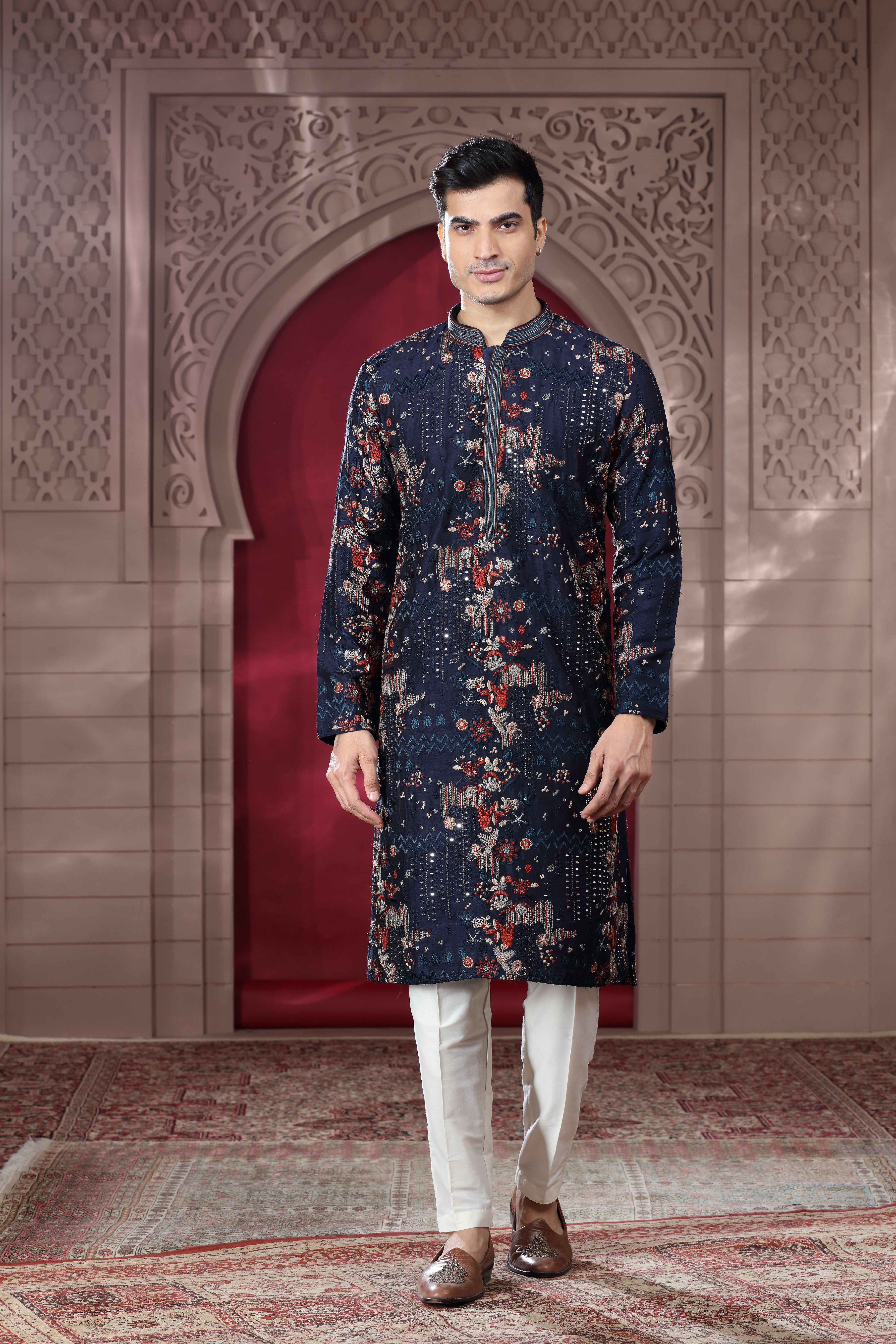 Navy Blue Silk Kurta with Resham & Mirror Work