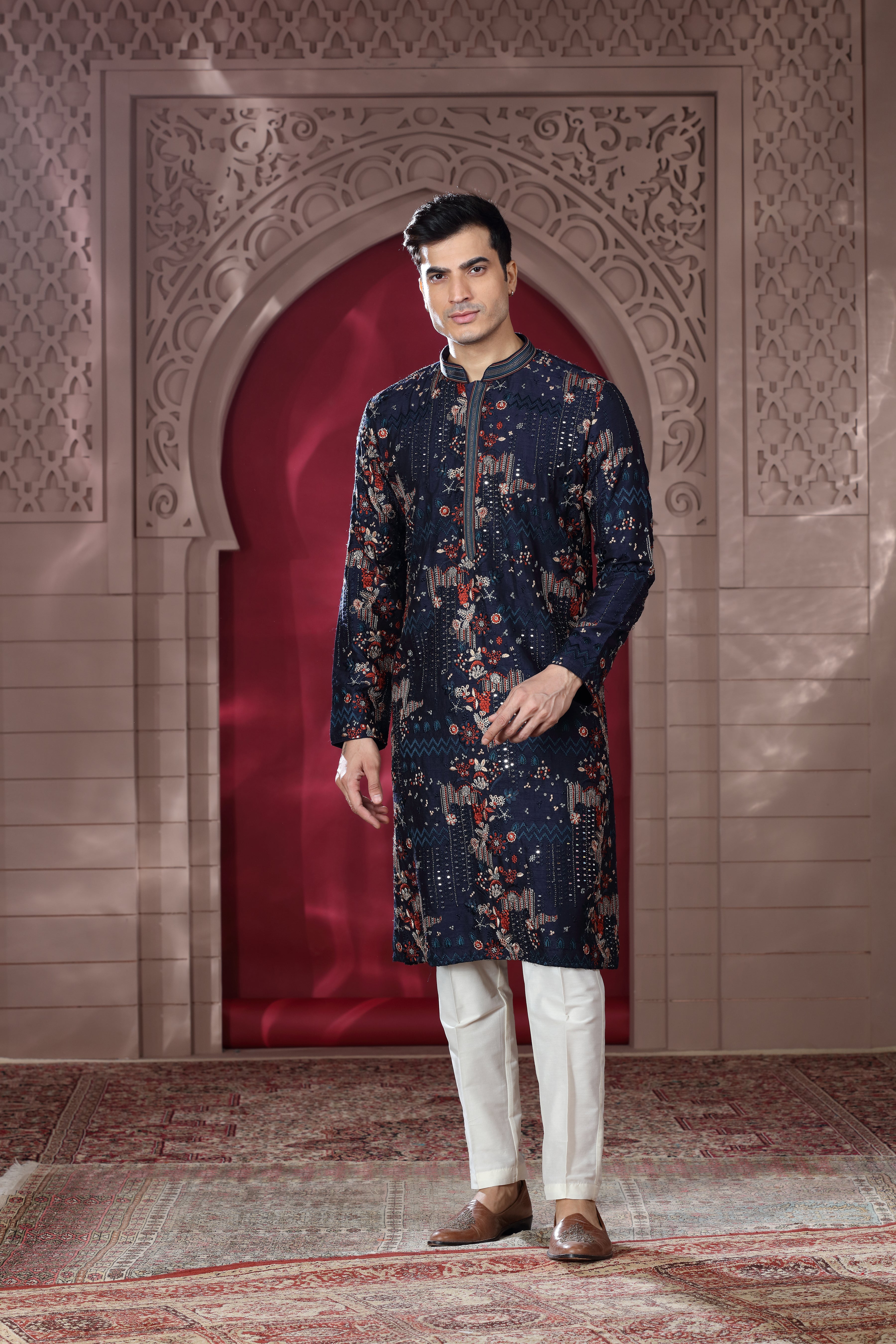 Navy Blue Silk Kurta with Resham & Mirror Work