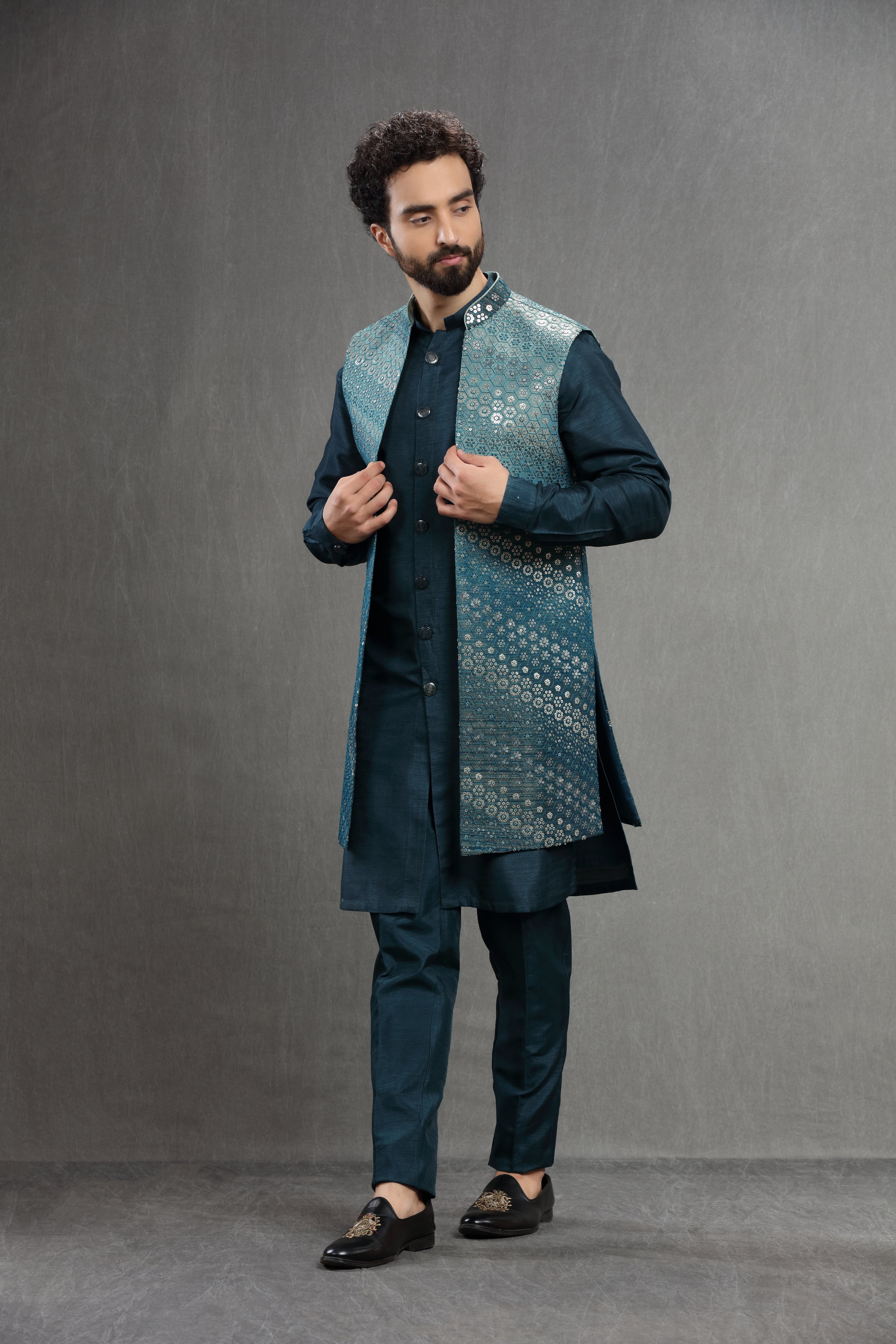 Peacock blue  embroidered silk long jacket set - Shreeman