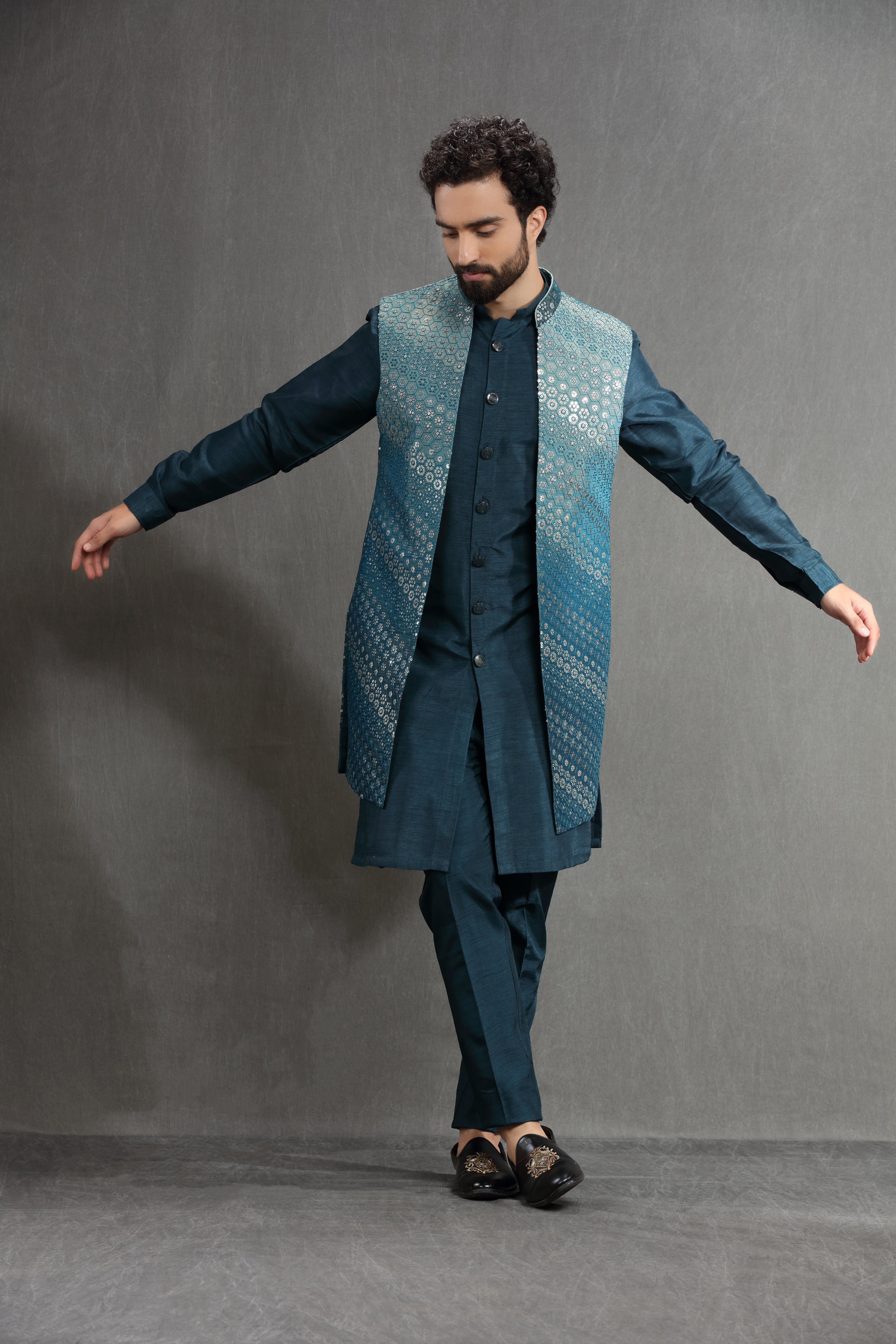 Peacock blue  embroidered silk long jacket set - Shreeman