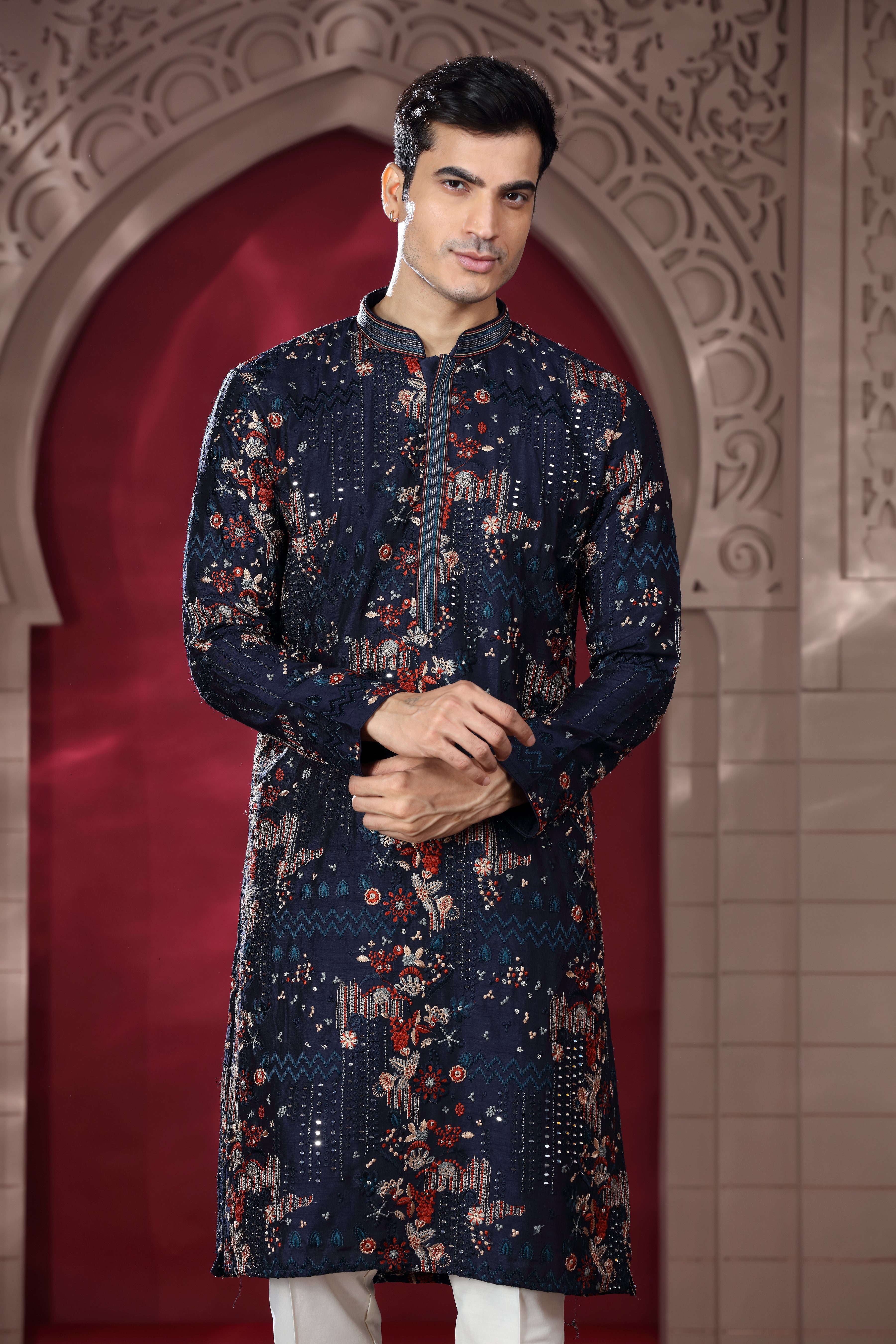 Navy Blue Silk Kurta with Resham & Mirror Work