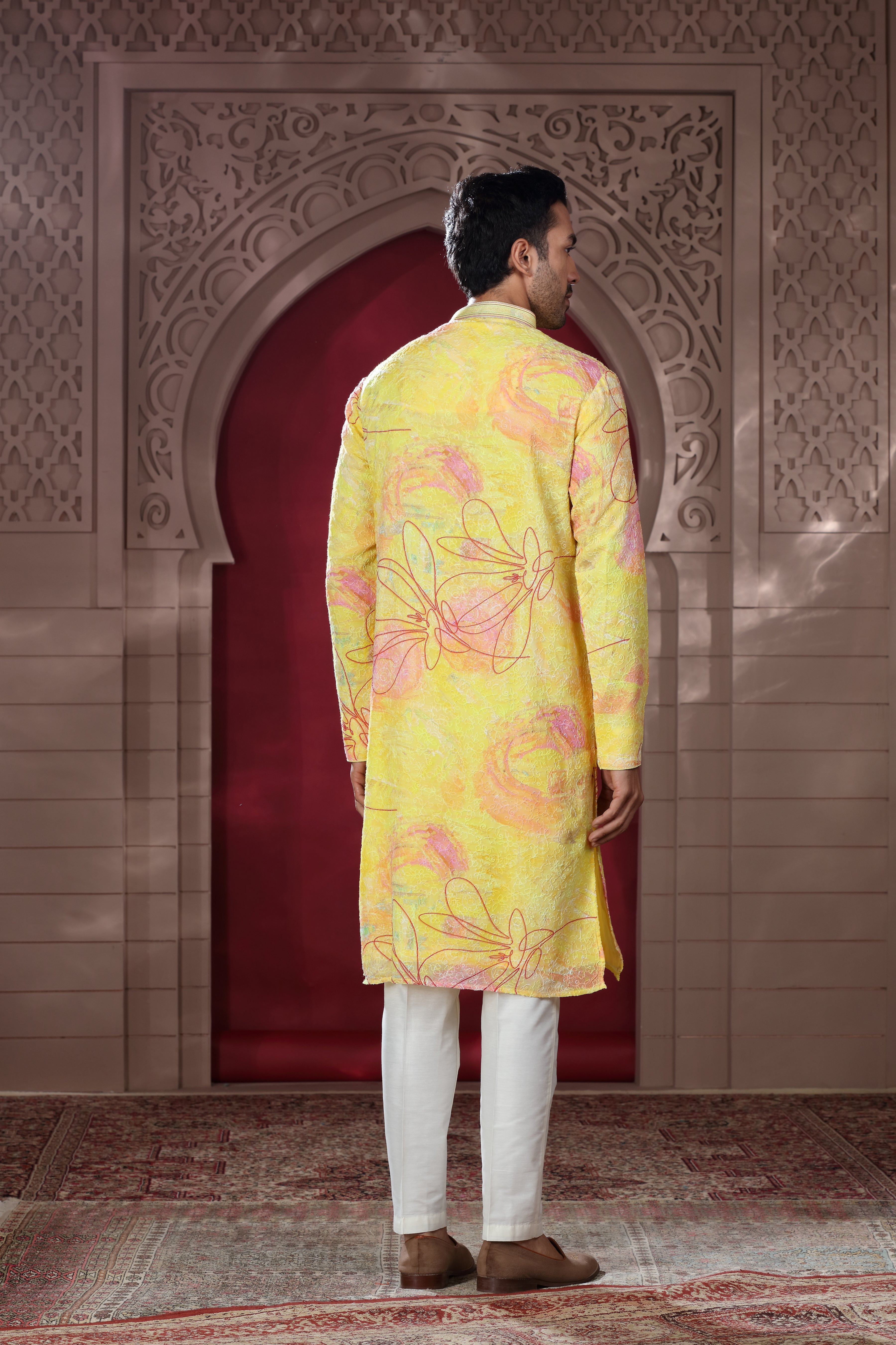 Yellow Silk Kurta Set with Bandhej Texture & Thread Work