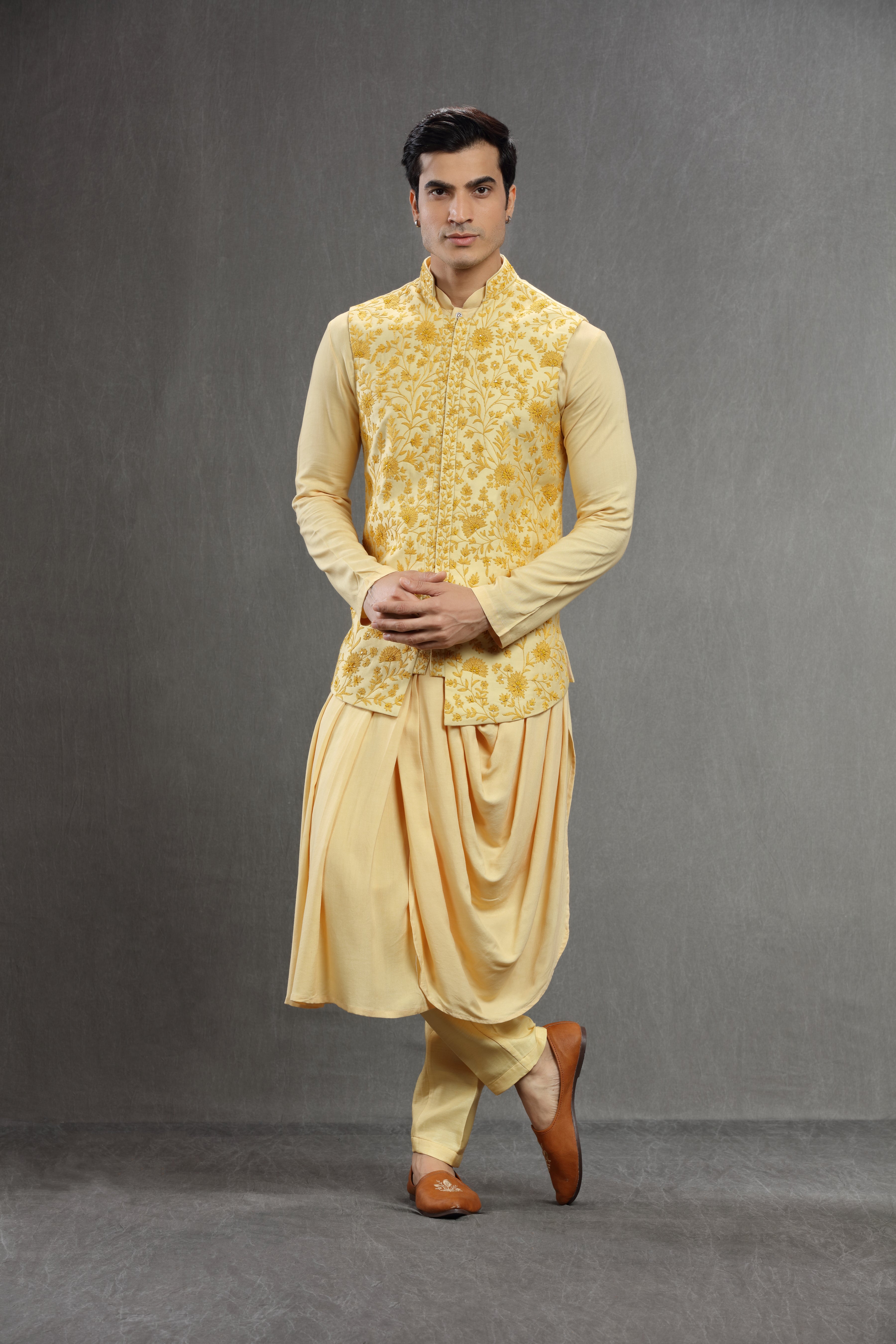 Yellow long jacket set with floral resham work - Shreeman