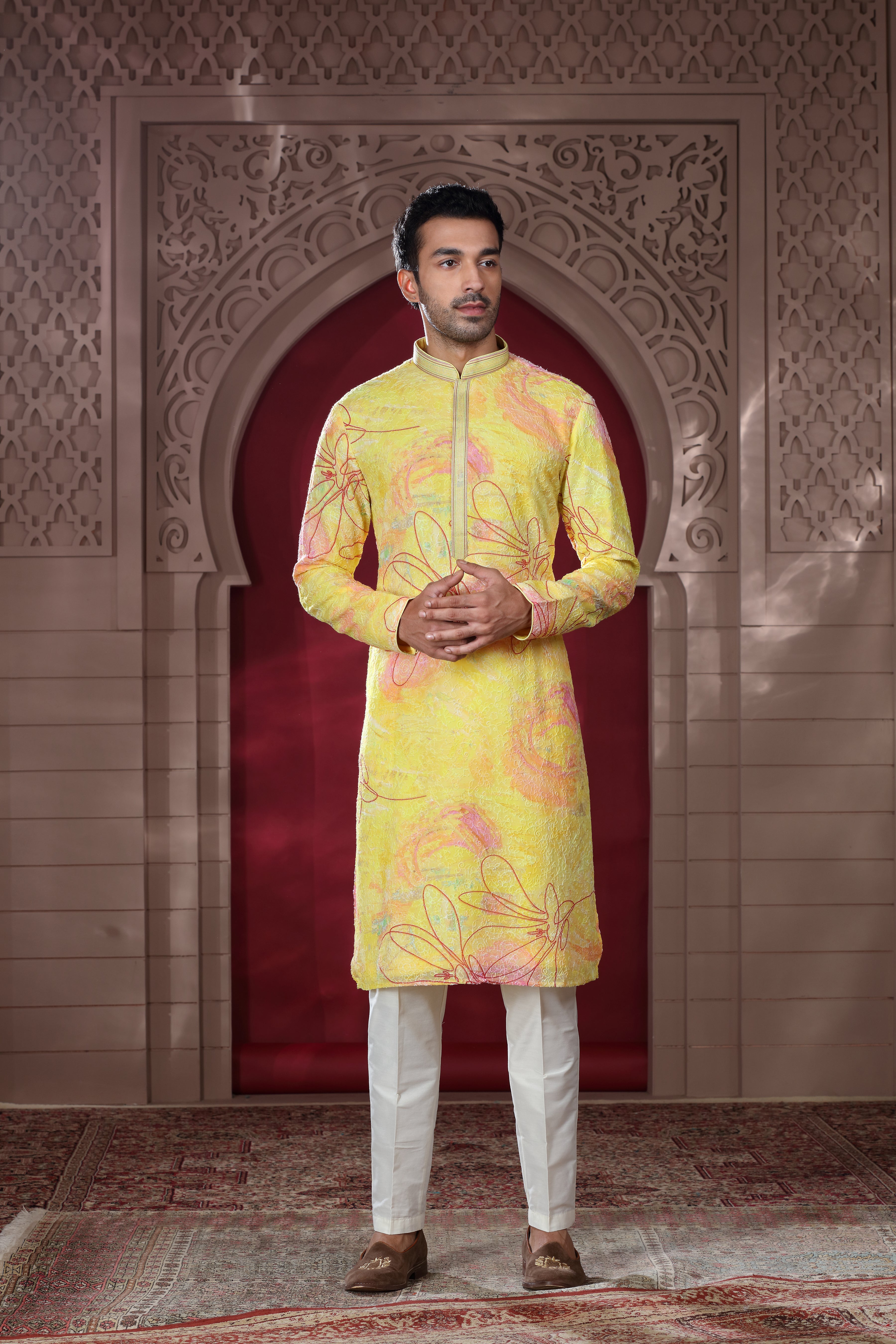 Yellow Silk Kurta Set with Bandhej Texture & Thread Work