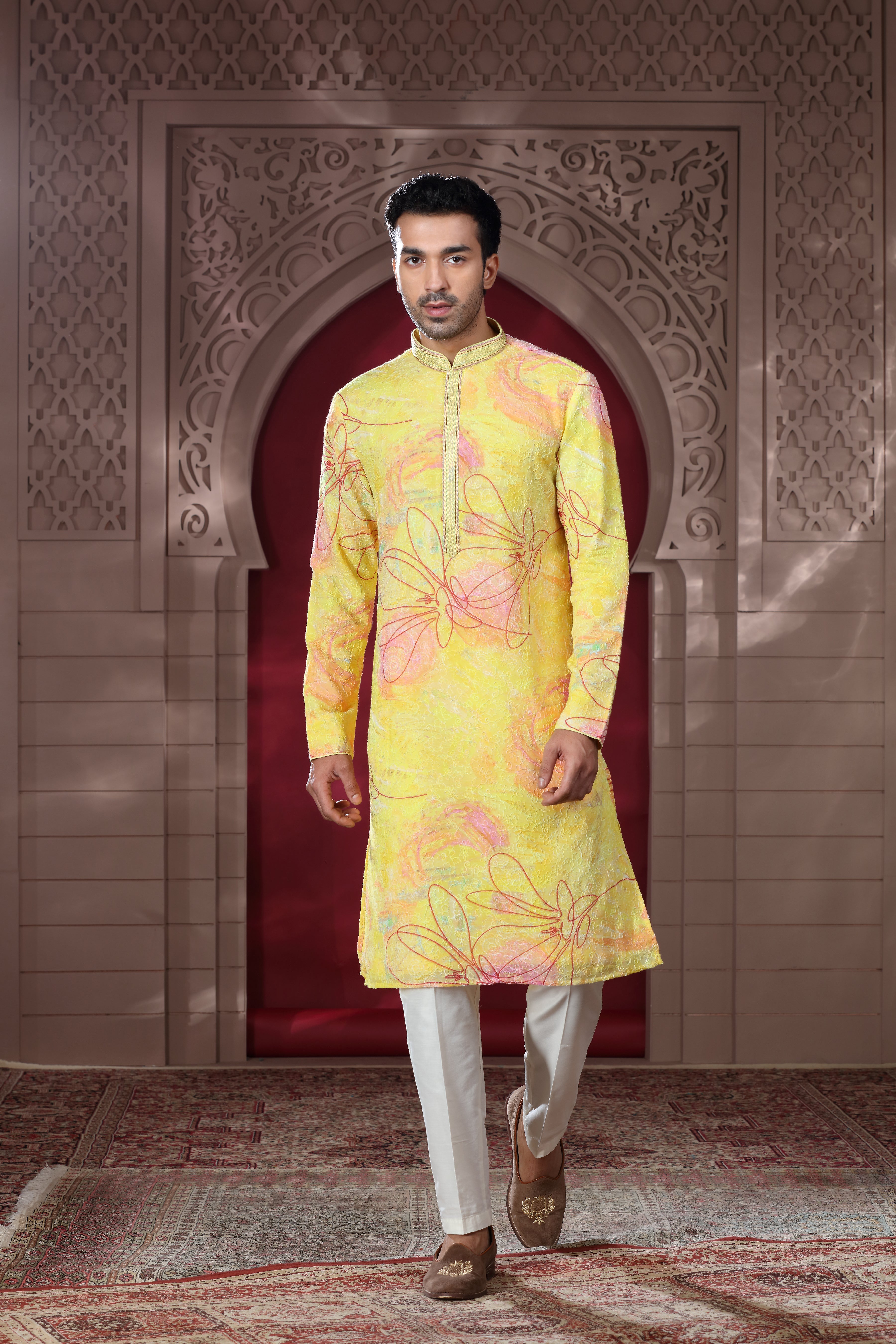 Yellow Silk Kurta Set with Bandhej Texture & Thread Work