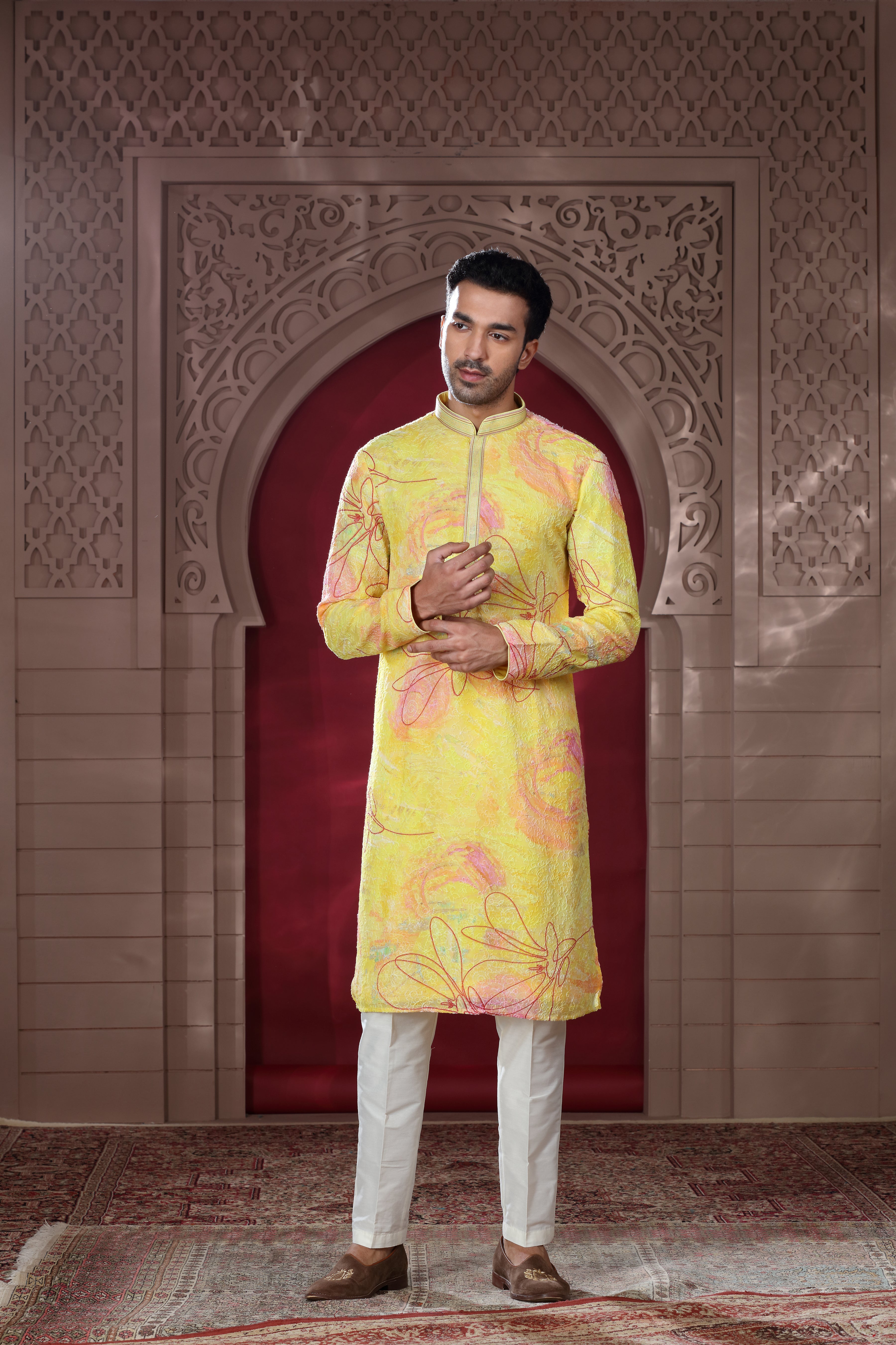 Yellow Silk Kurta Set with Bandhej Texture & Thread Work