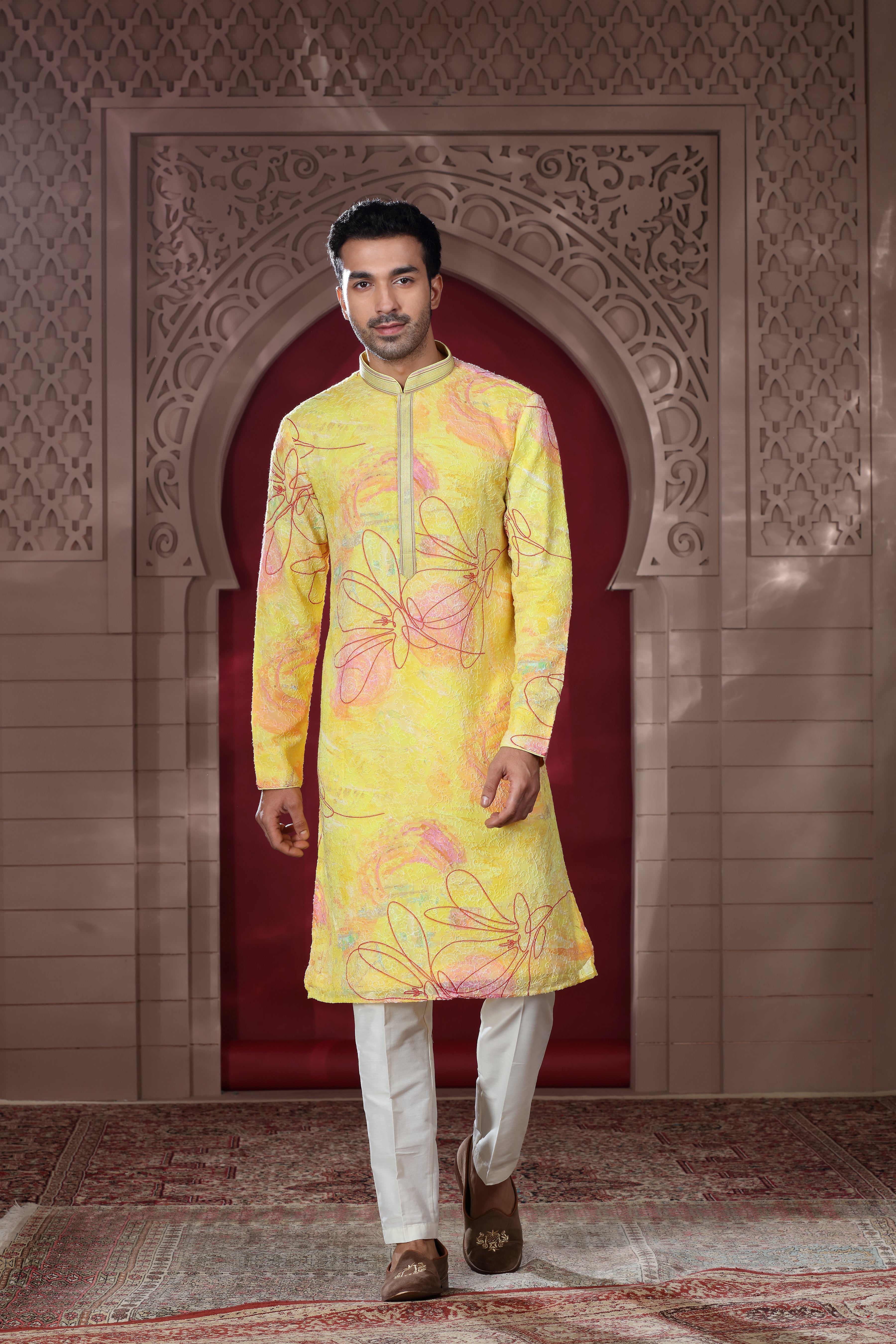 Yellow Silk Kurta Set with Bandhej Texture & Thread Work