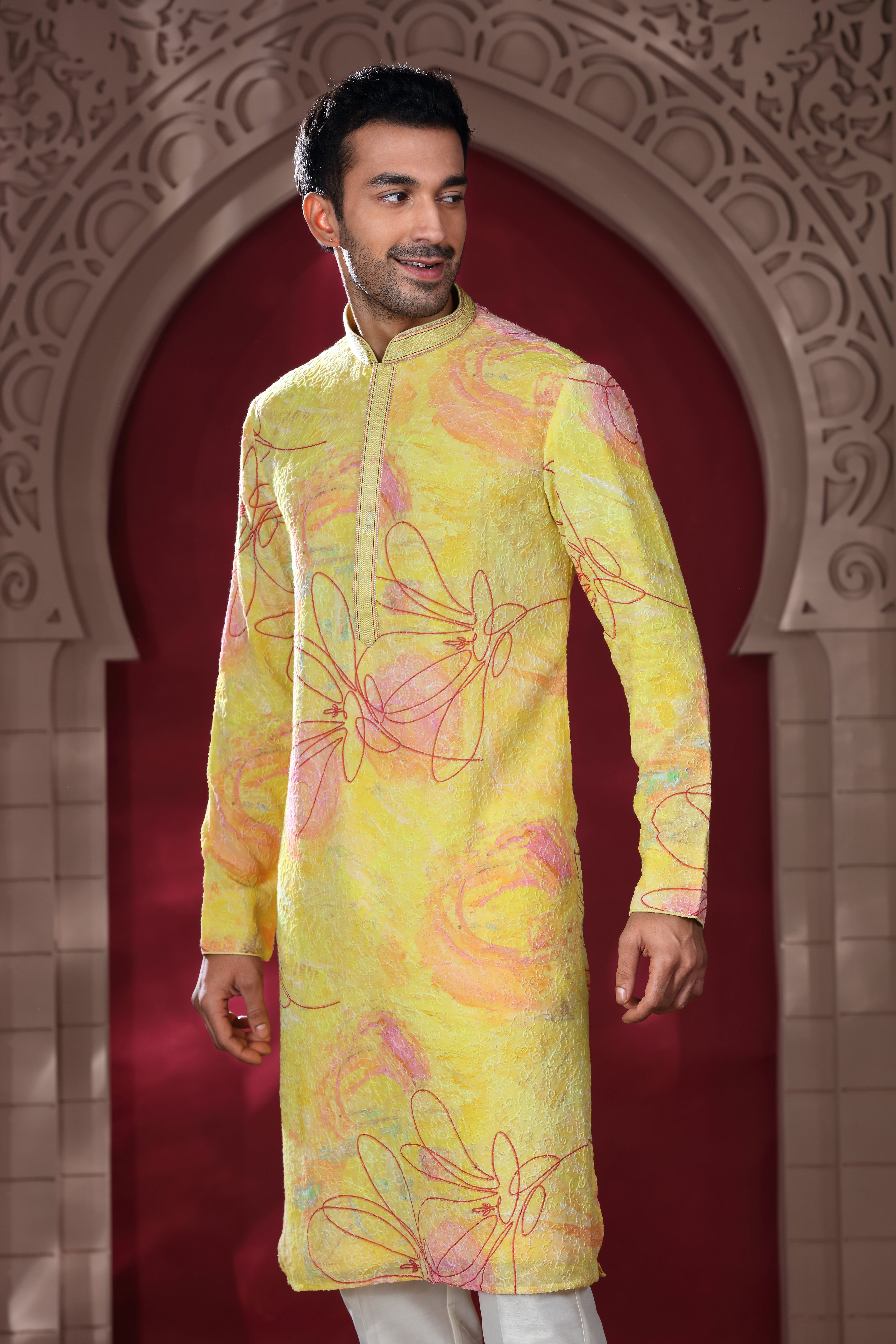 Yellow Silk Kurta Set with Bandhej Texture & Thread Work