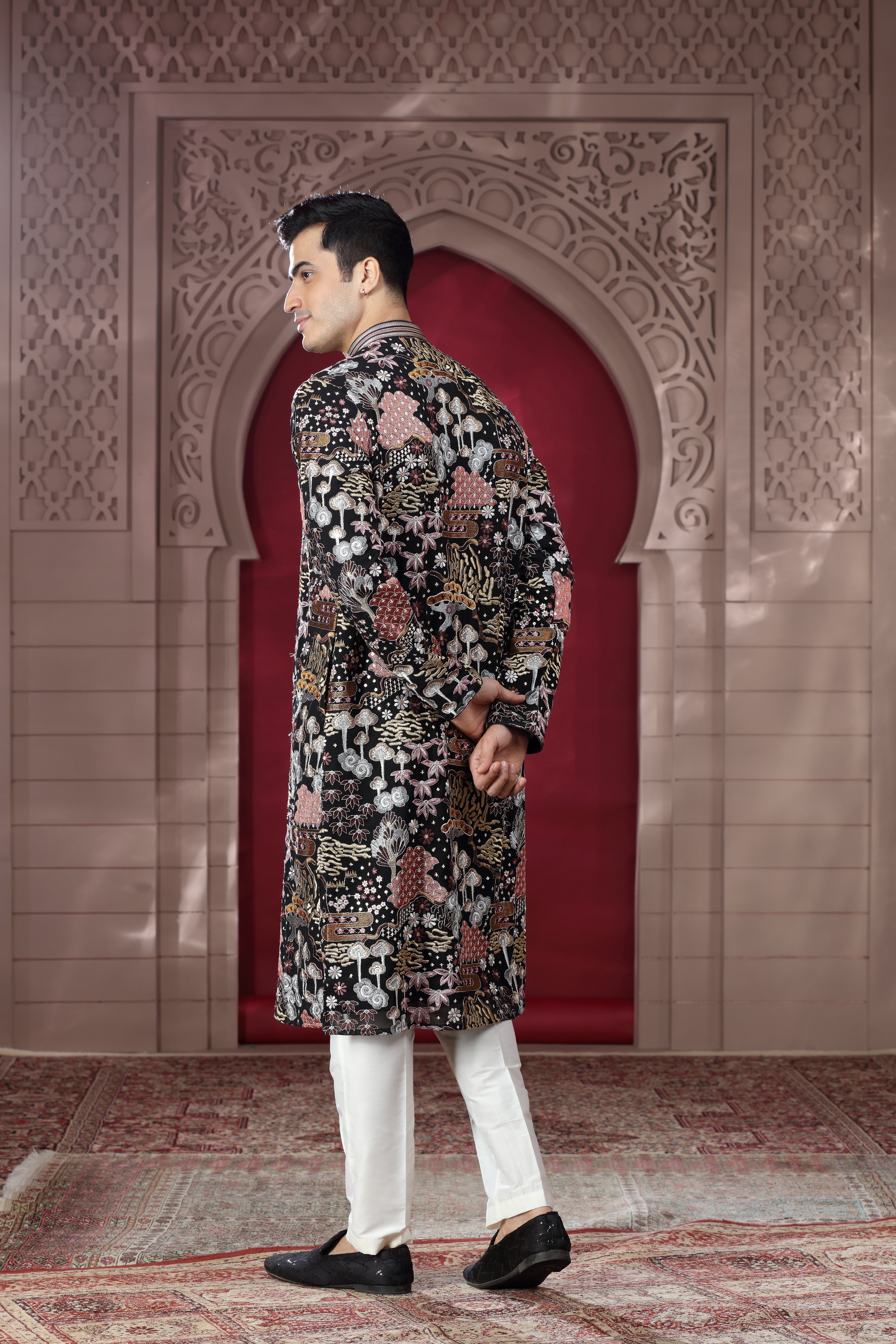 Black Silk Kurta Set with Resham Thread Embroidery, Sequence Work