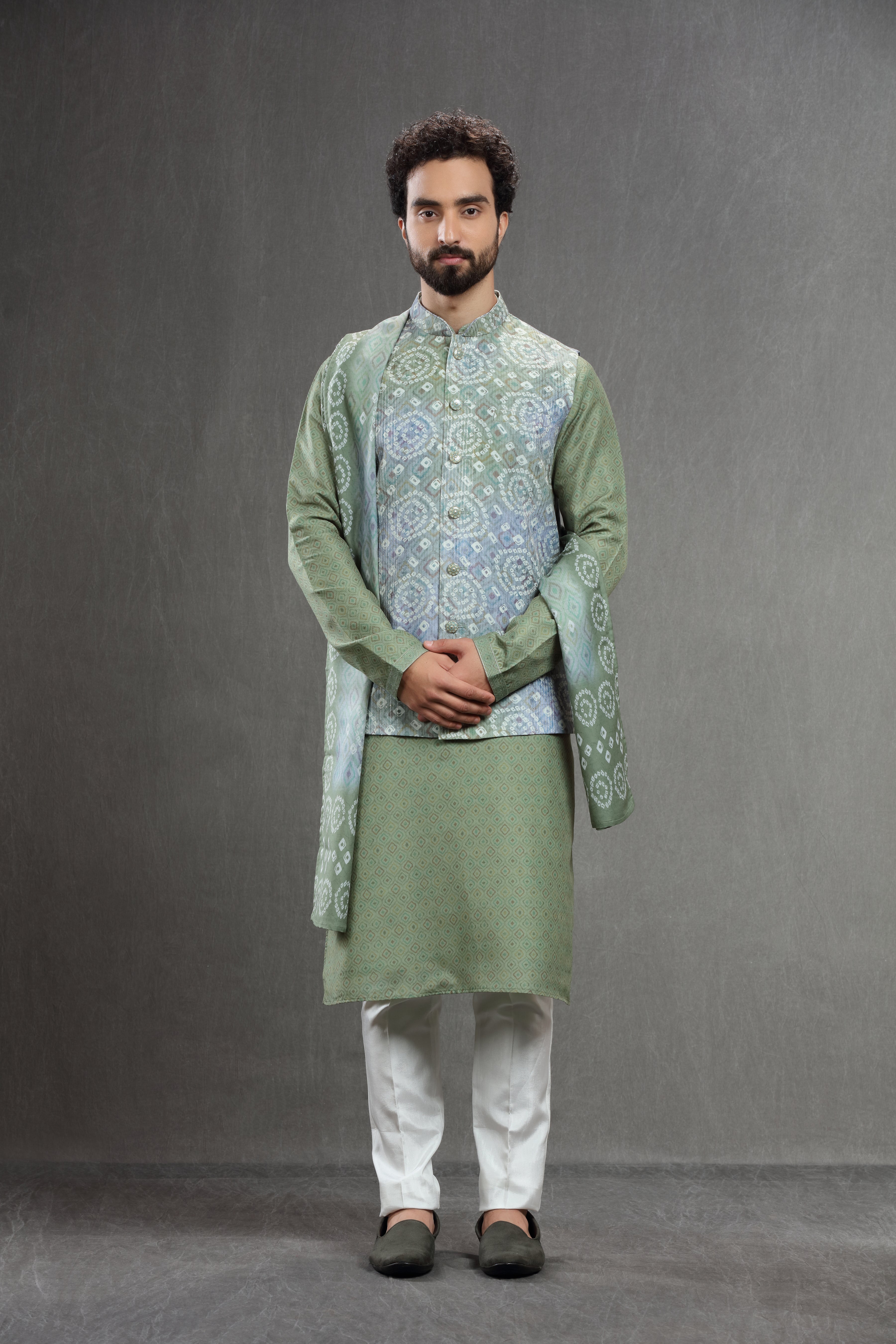 Green-blue silk embroidered jacket set with dupatta - Shreeman
