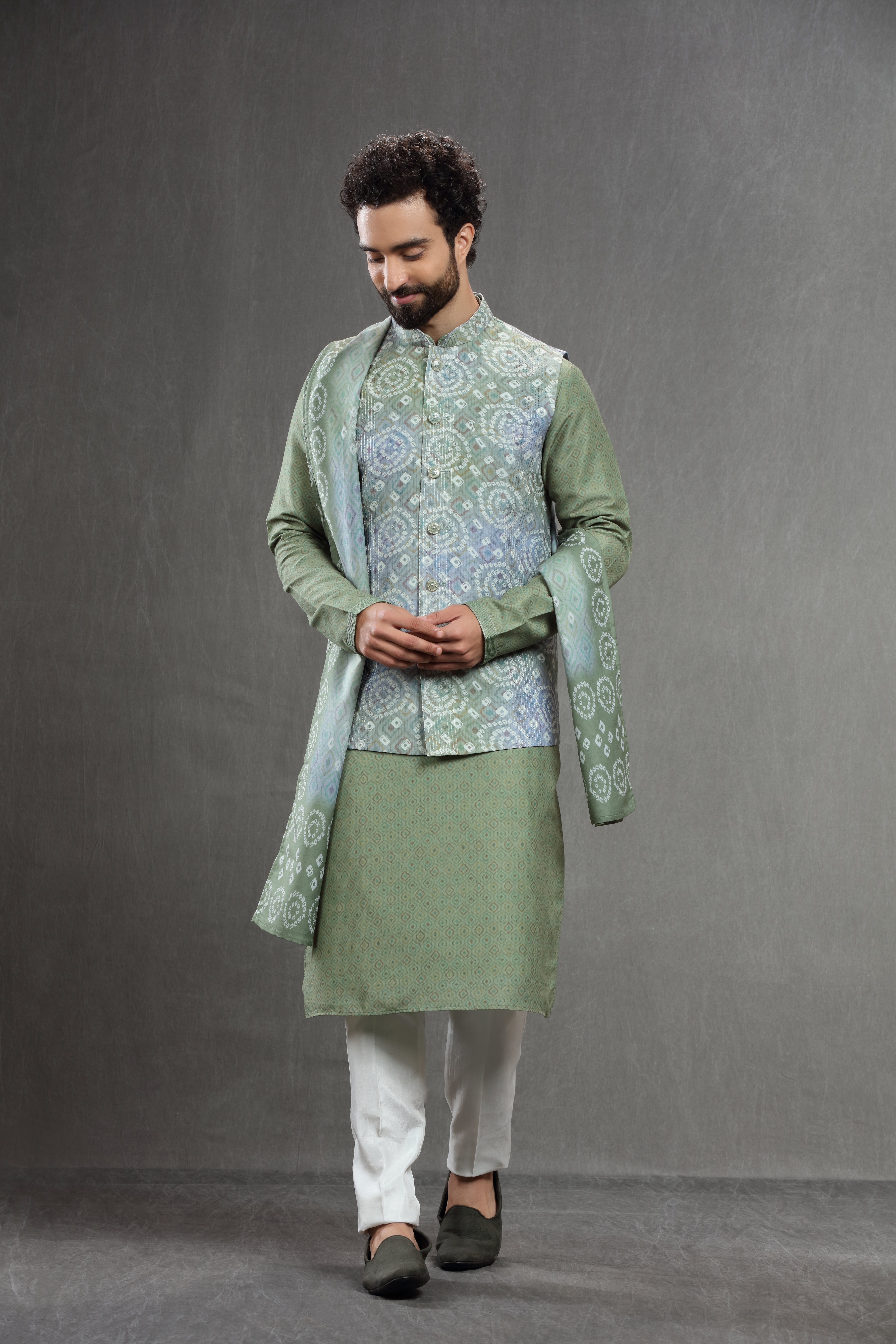 Green-blue silk embroidered jacket set with dupatta - Shreeman