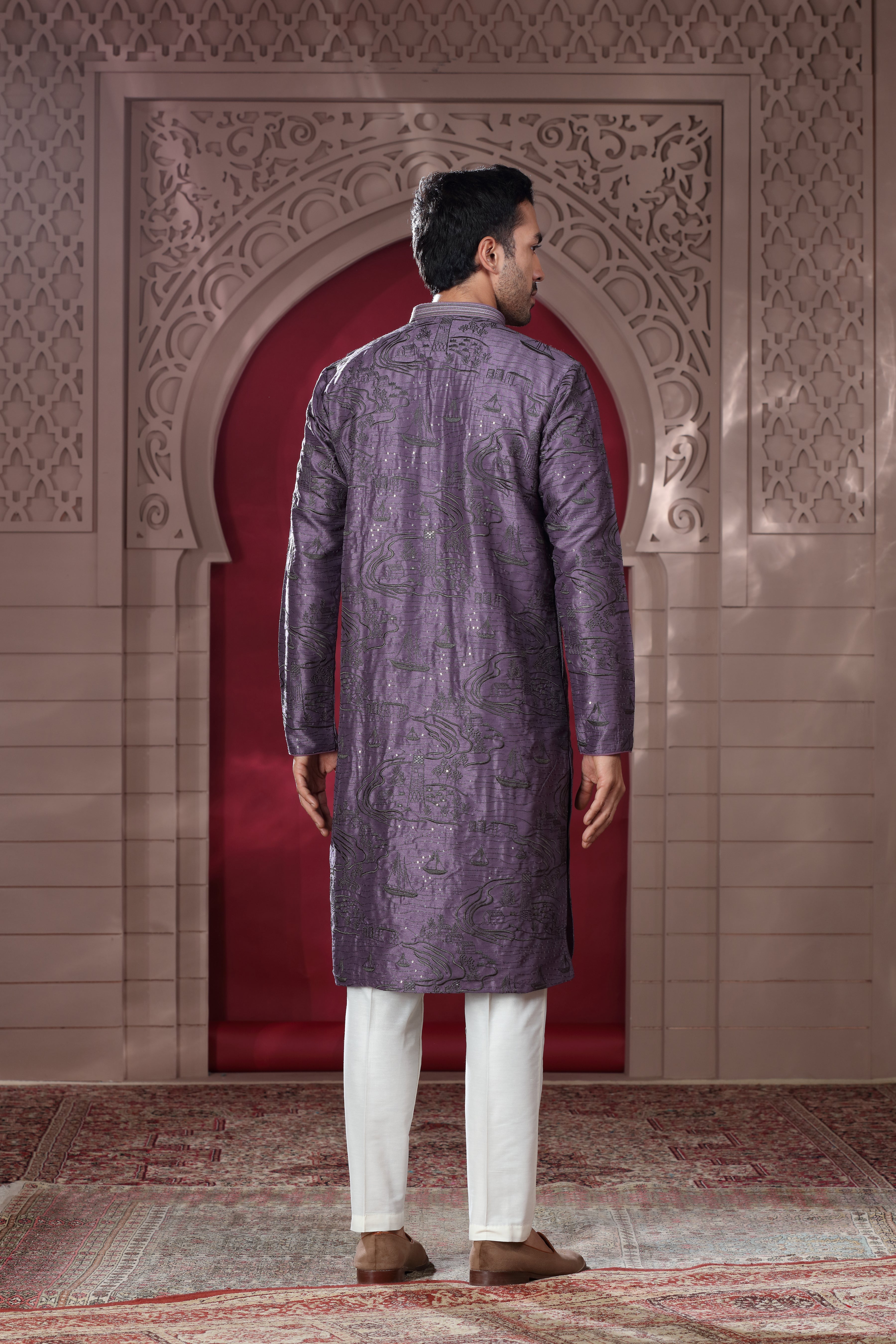 Purple Silk Kurta Set with Metallic Thread Embroidery & Sequence Work