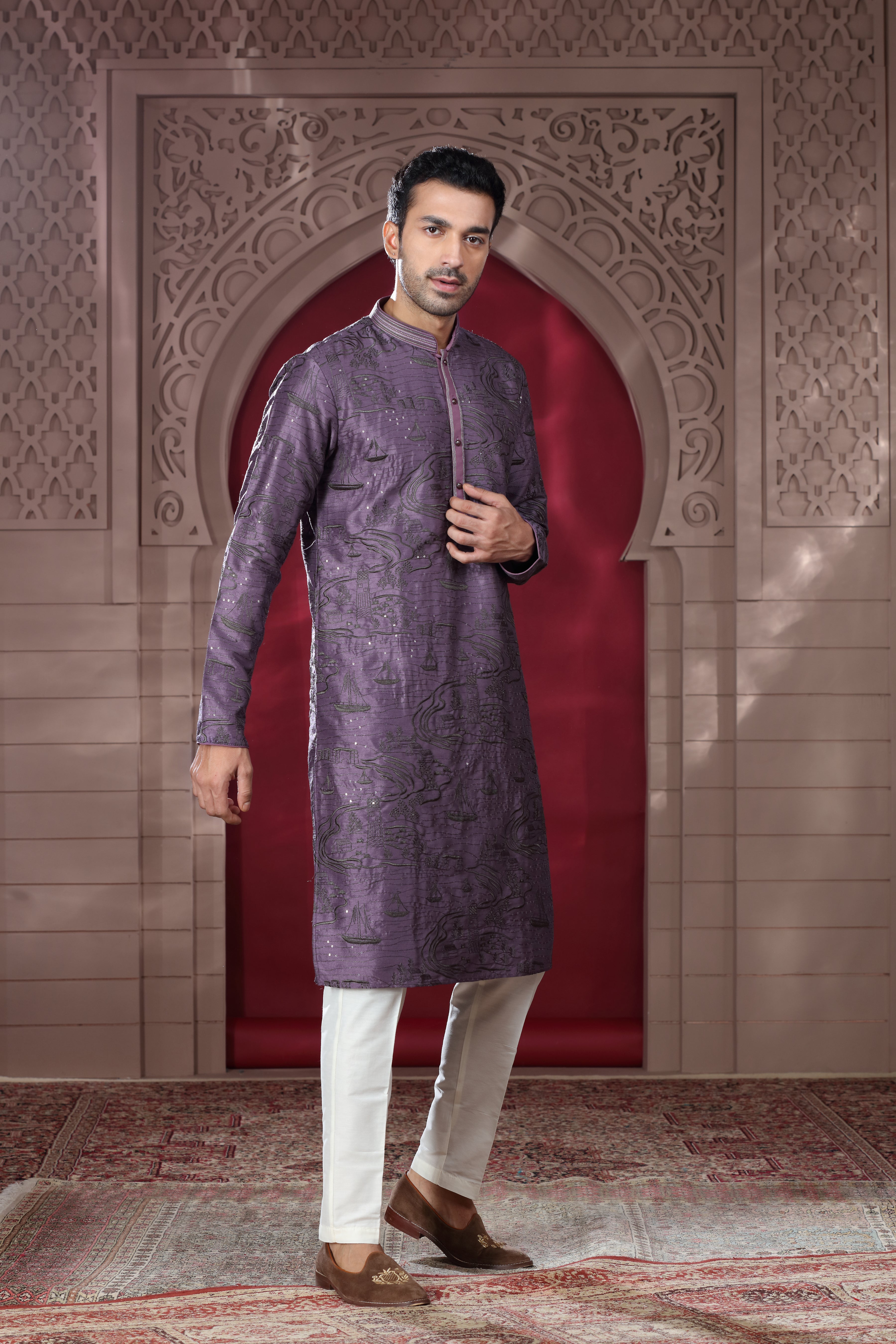 Purple Silk Kurta Set with Metallic Thread Embroidery & Sequence Work