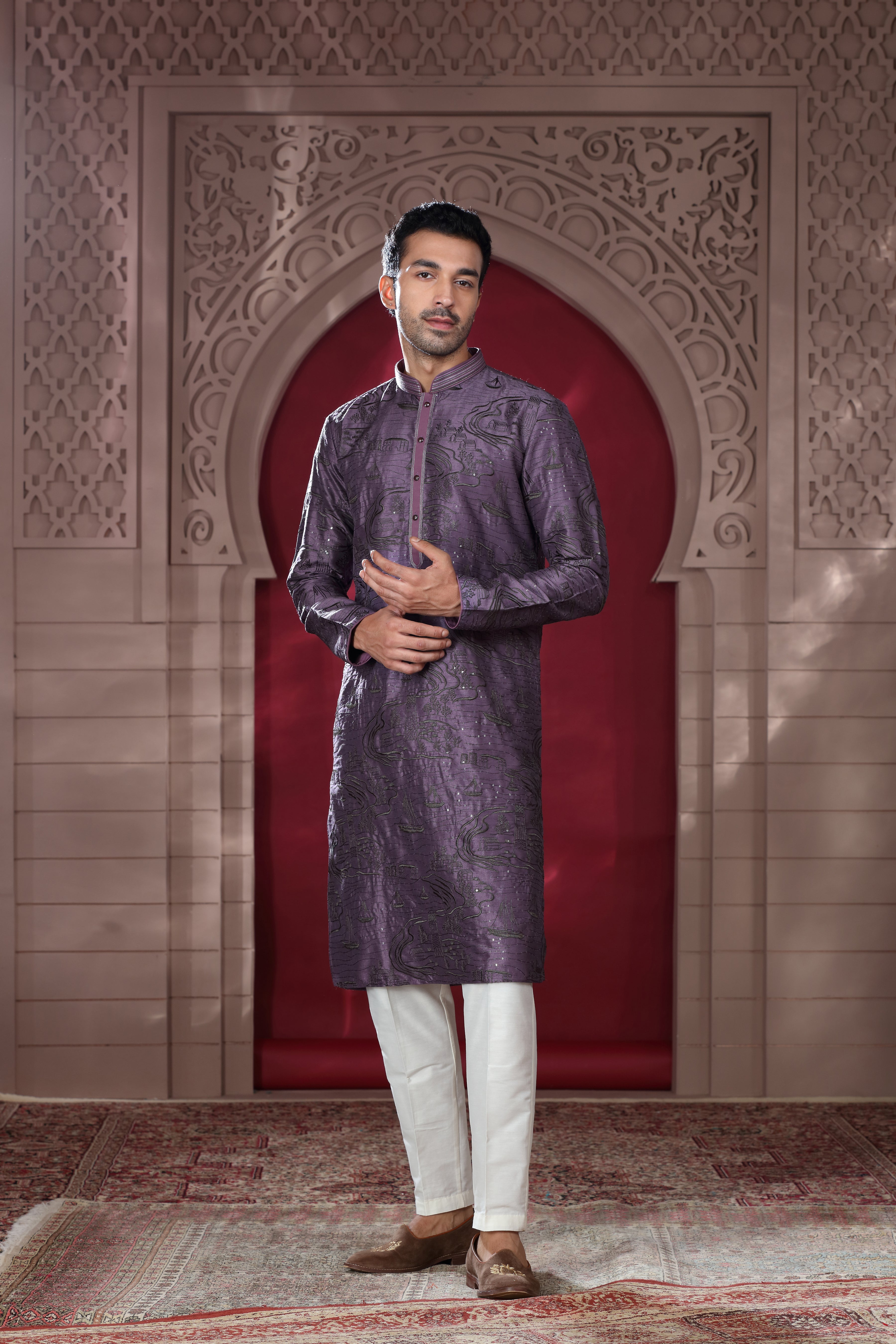 Purple Silk Kurta Set with Metallic Thread Embroidery & Sequence Work