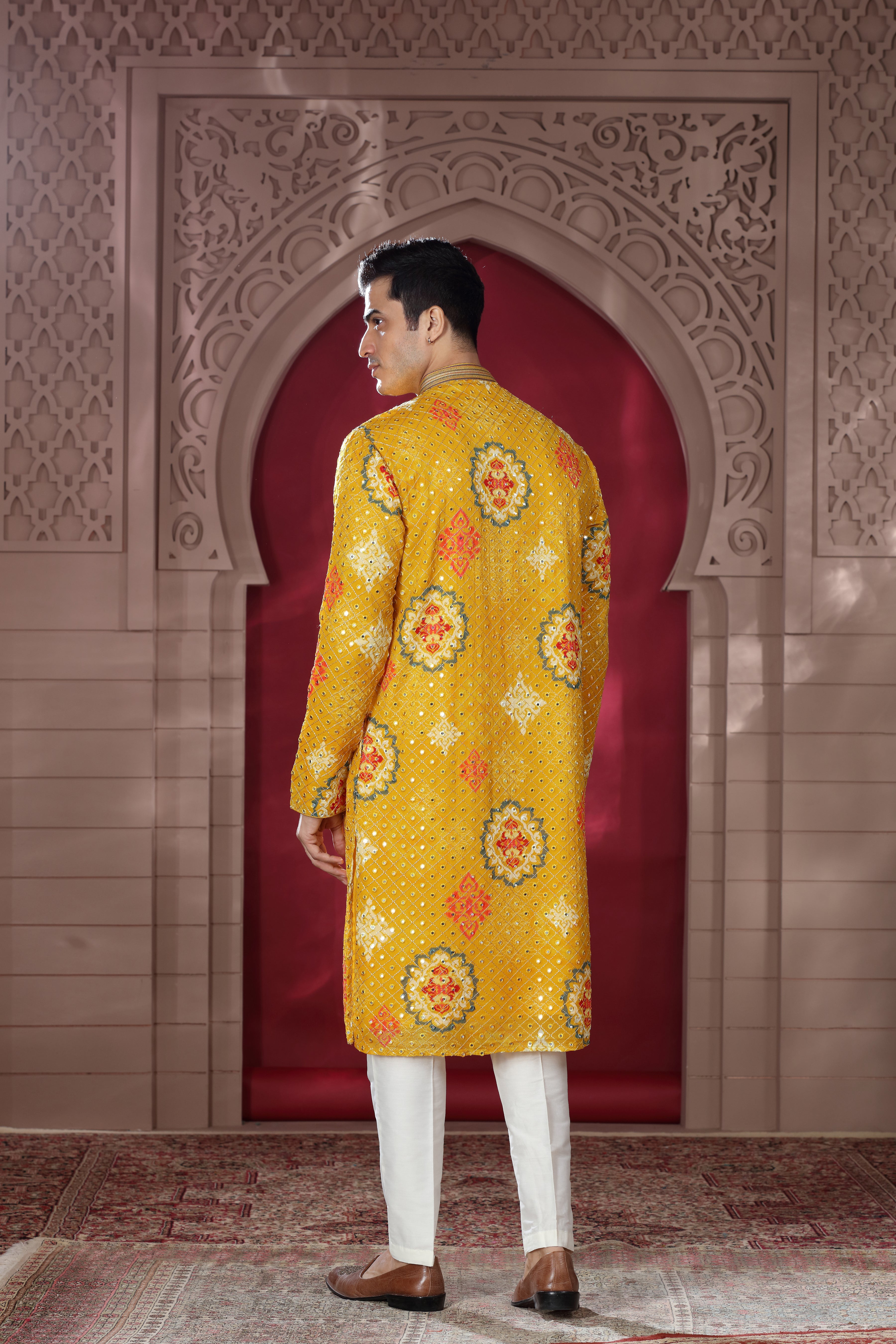 Yellow Silk Kurta Set with Thread Embroidery & Mirror Work