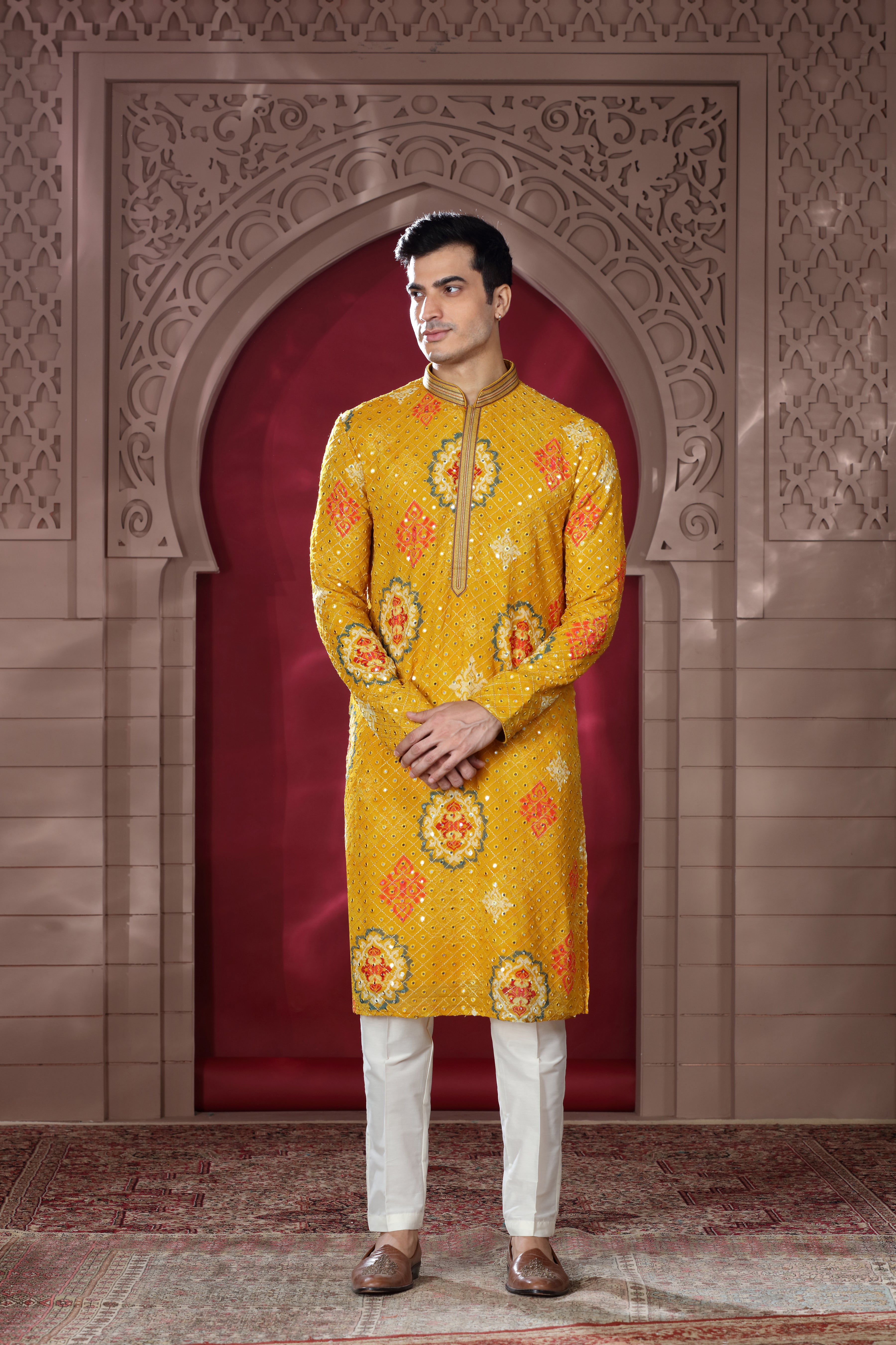 Yellow Silk Kurta Set with Thread Embroidery & Mirror Work