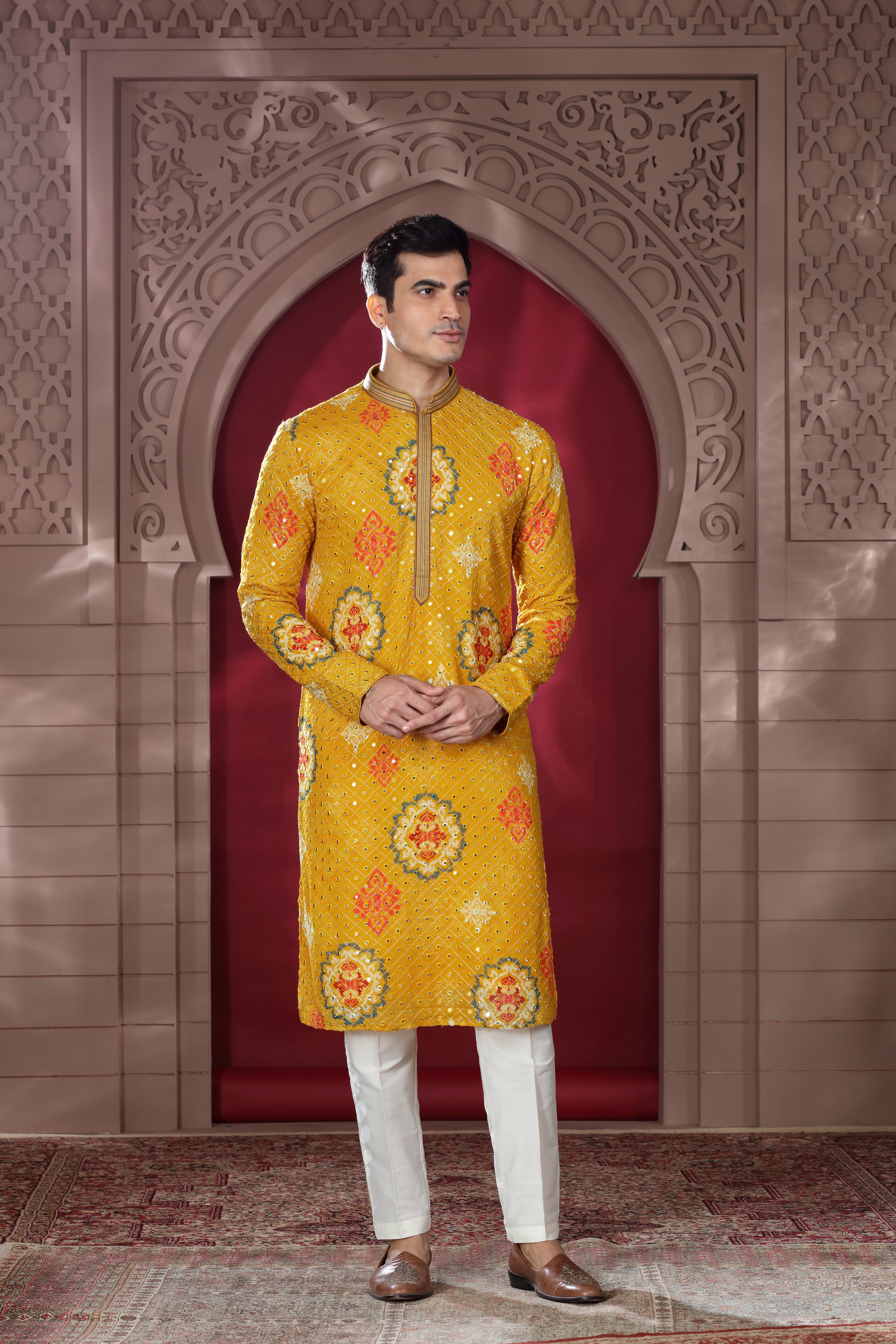 Yellow Silk Kurta Set with Thread Embroidery & Mirror Work