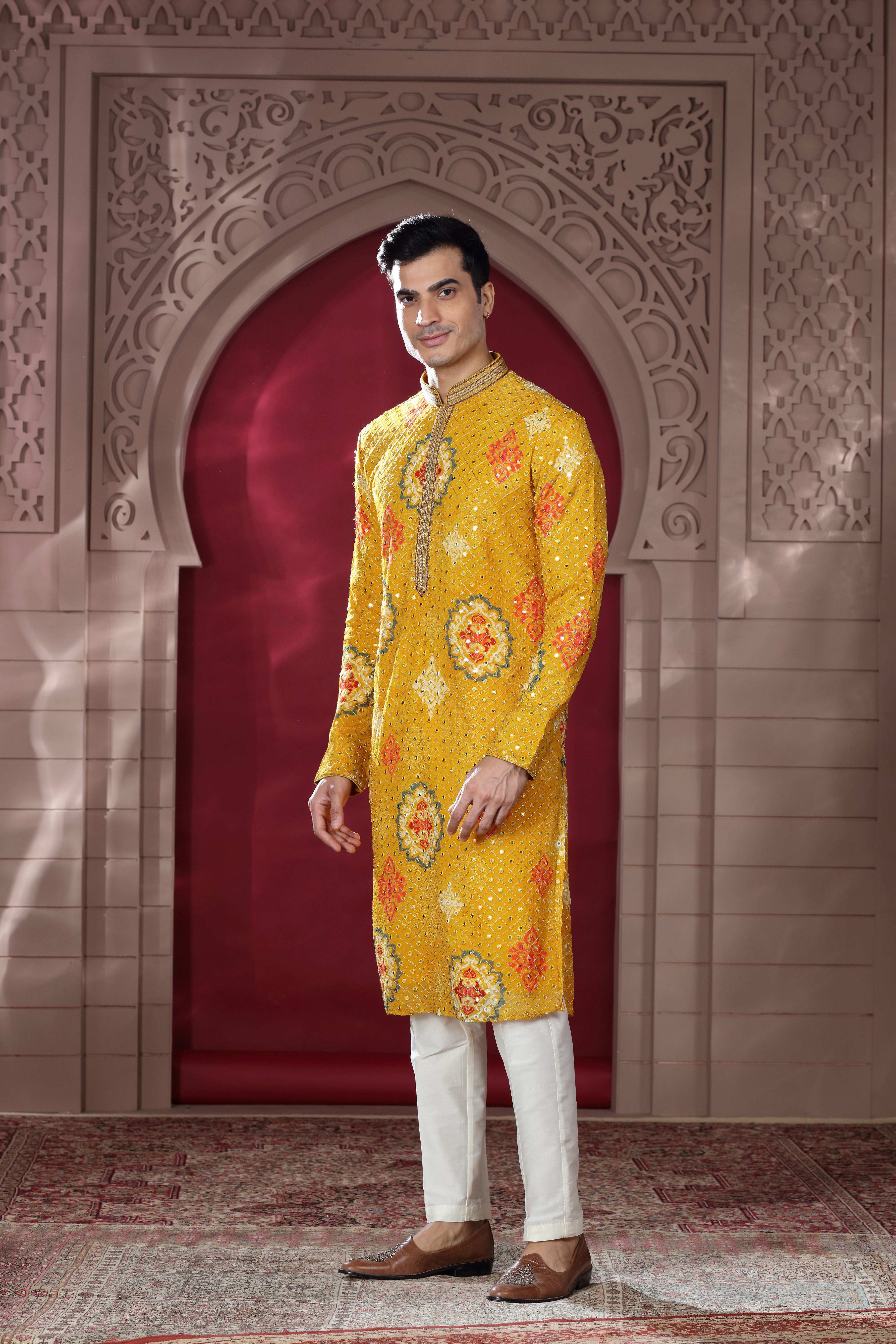 Yellow Silk Kurta Set with Thread Embroidery & Mirror Work