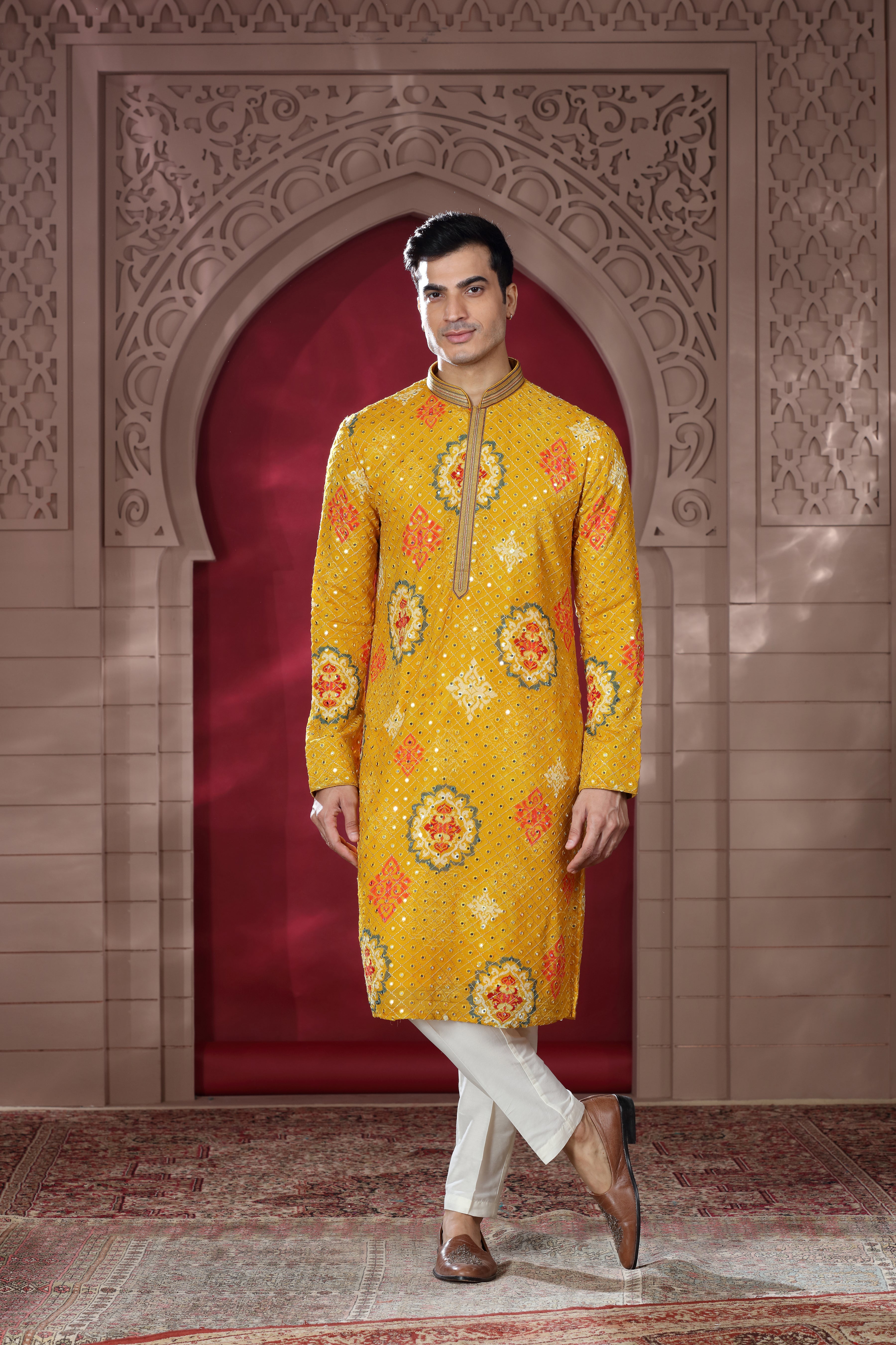 Yellow Silk Kurta Set with Thread Embroidery & Mirror Work