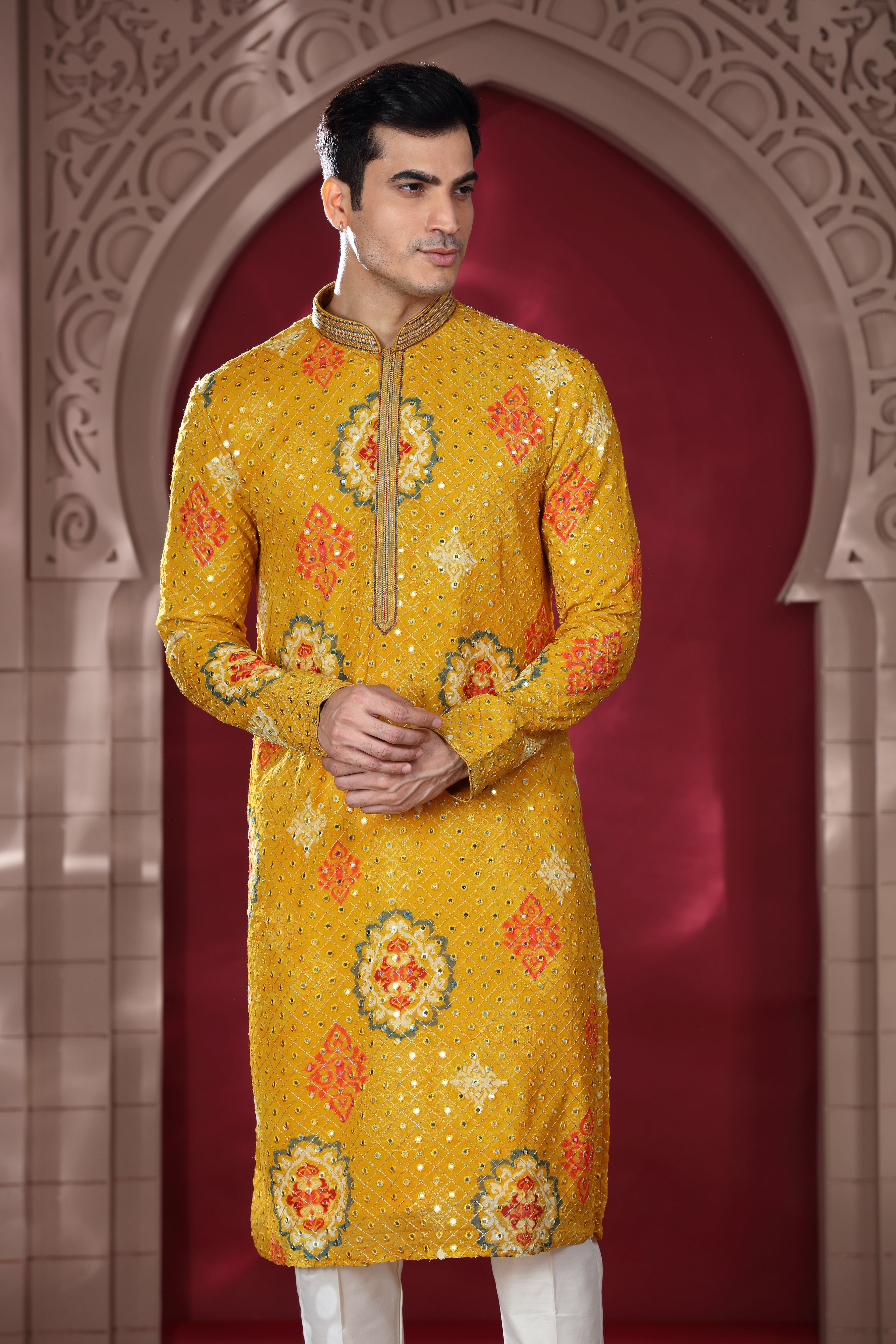 Yellow Silk Kurta Set with Thread Embroidery & Mirror Work