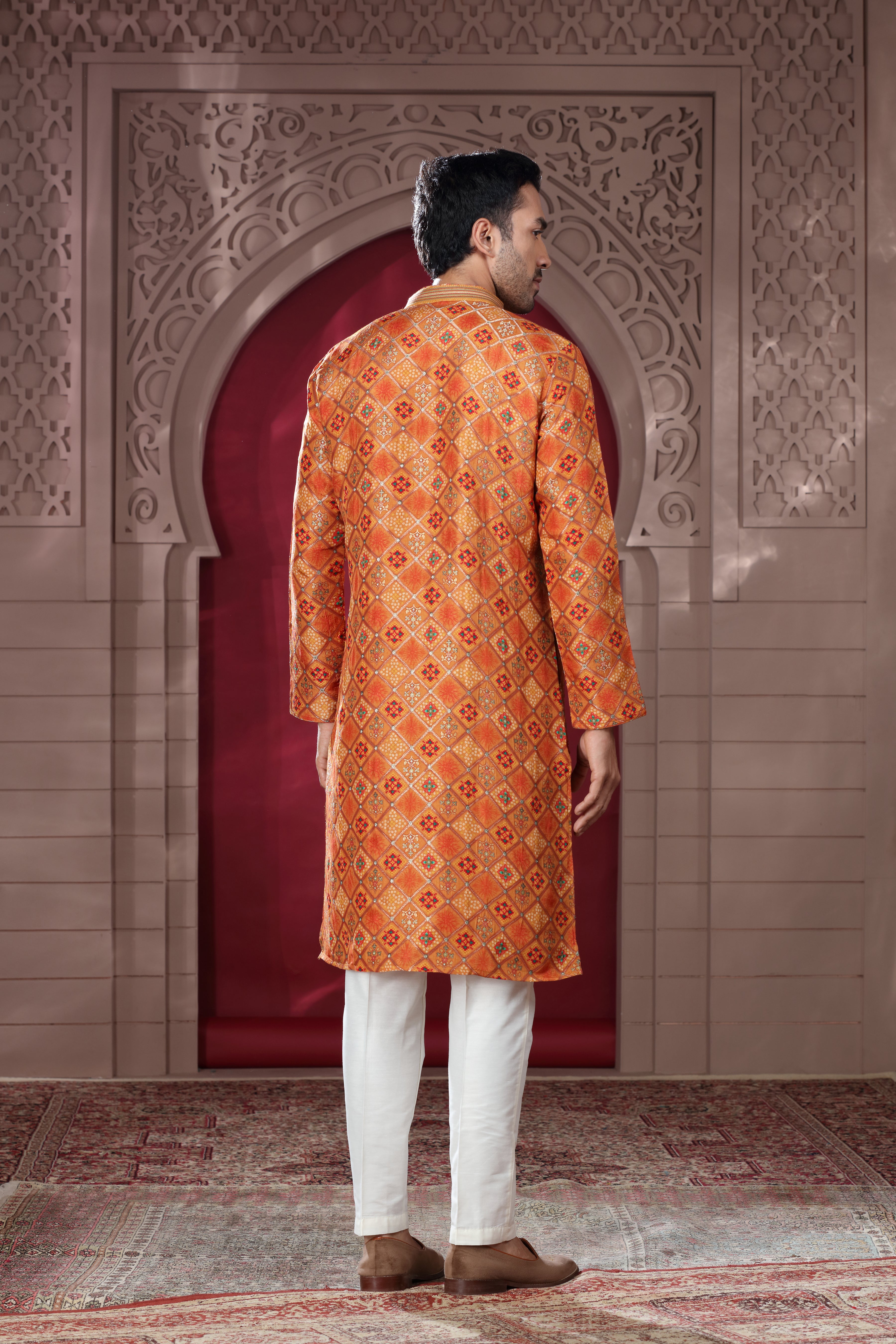 Orange Silk Kurta with Thread Embroidery, Aari Work & Mirror Details