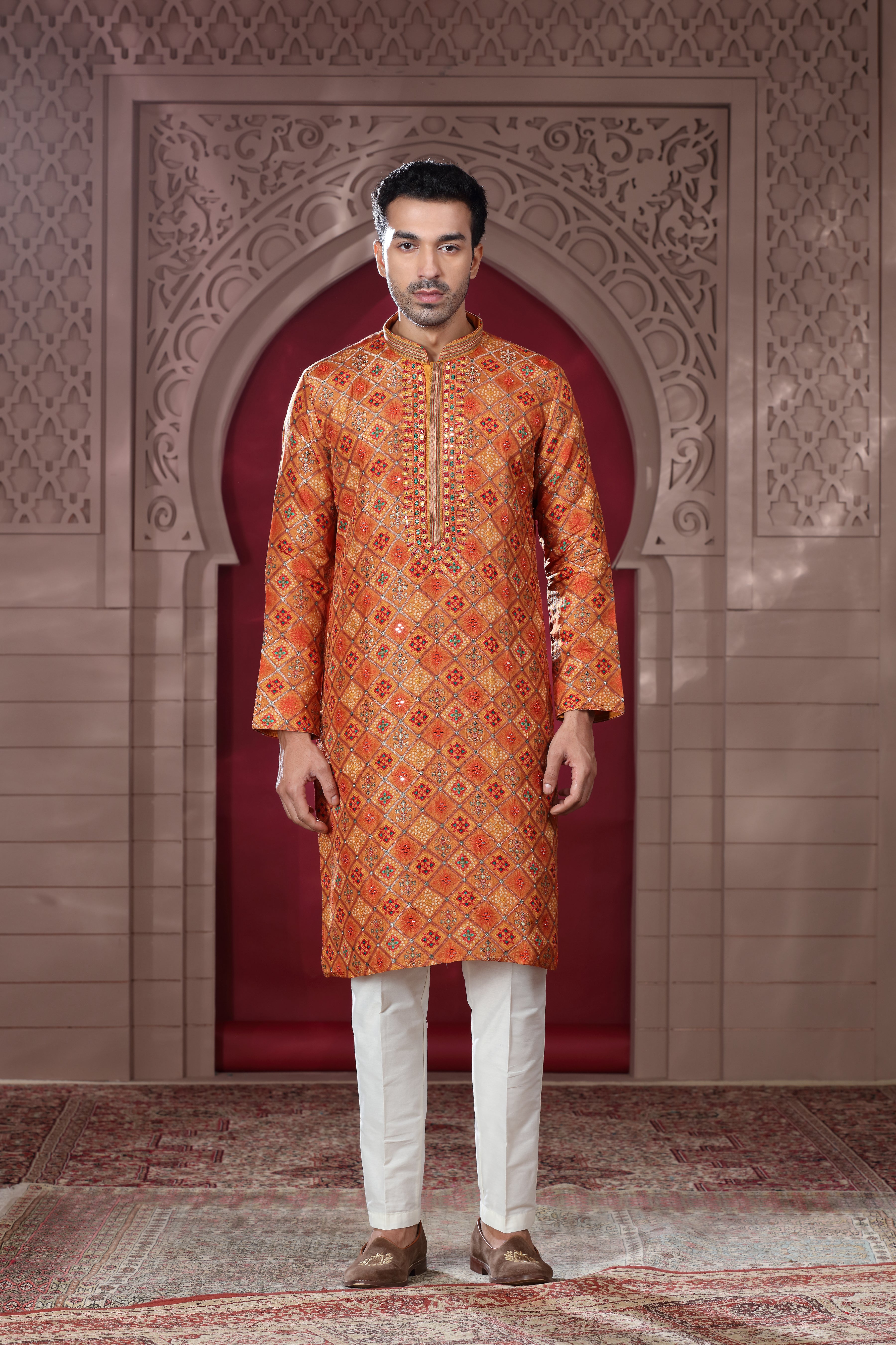 Orange Silk Kurta with Thread Embroidery, Aari Work & Mirror Details