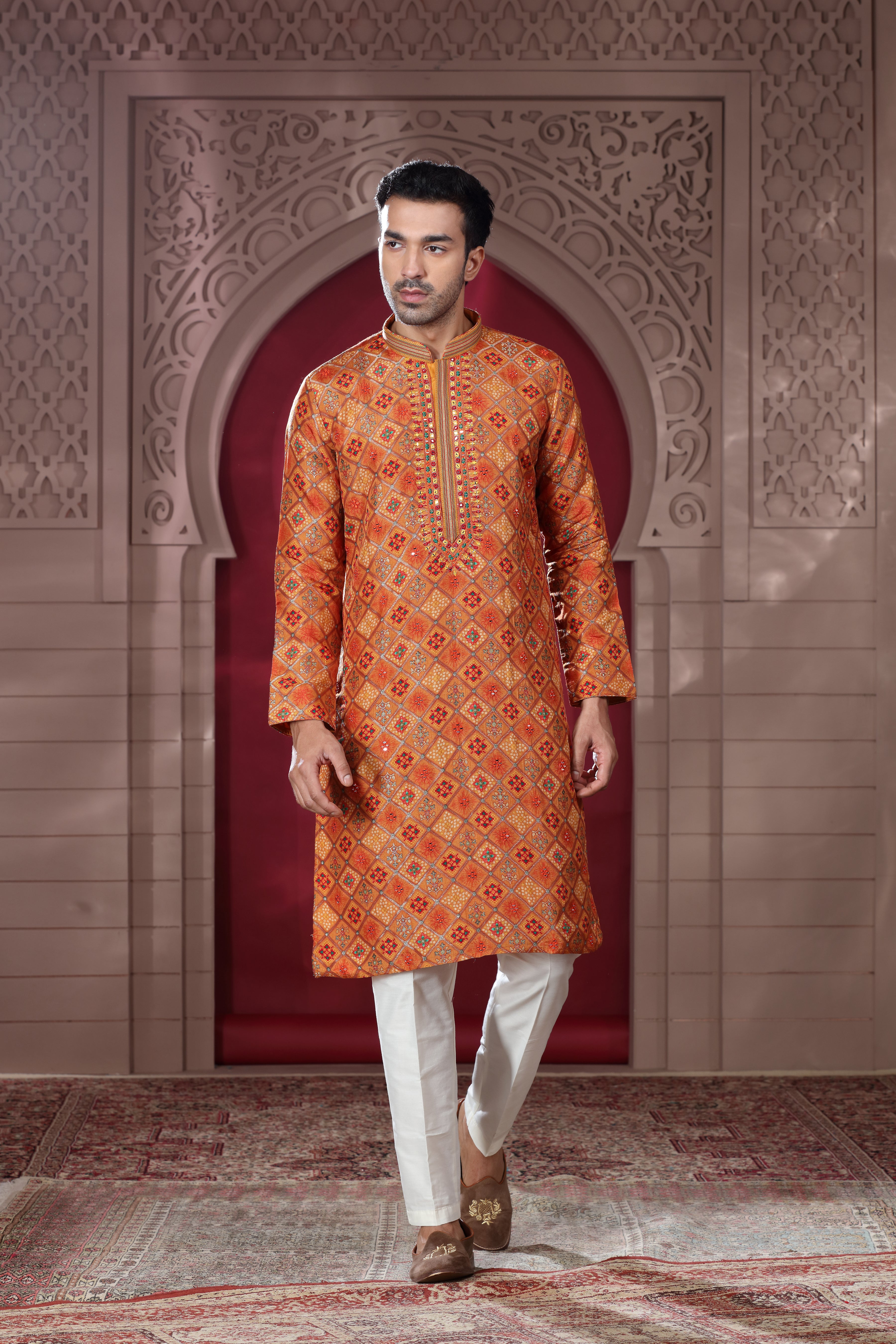 Orange Silk Kurta with Thread Embroidery, Aari Work & Mirror Details