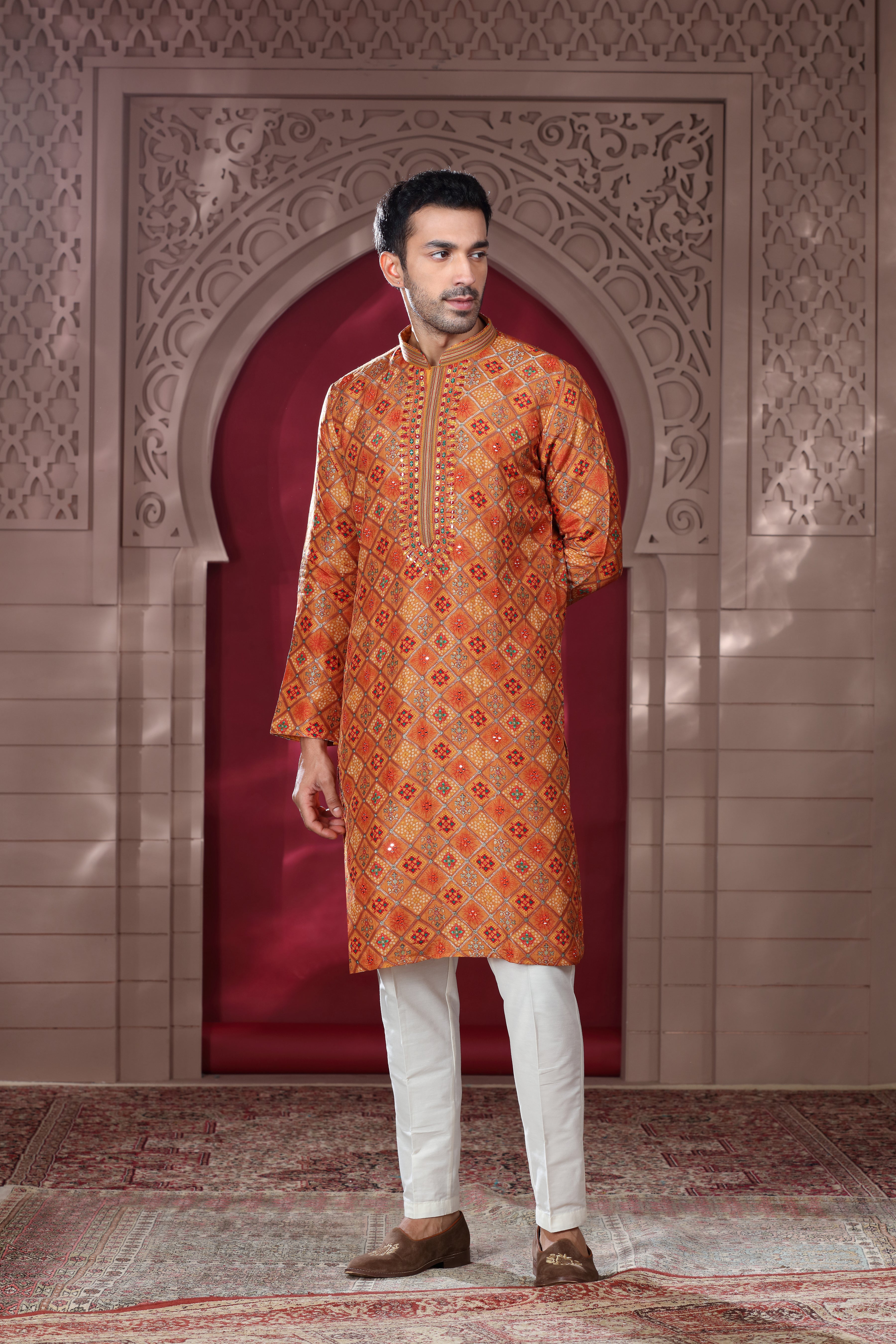 Orange Silk Kurta with Silver Aari Sequence Work