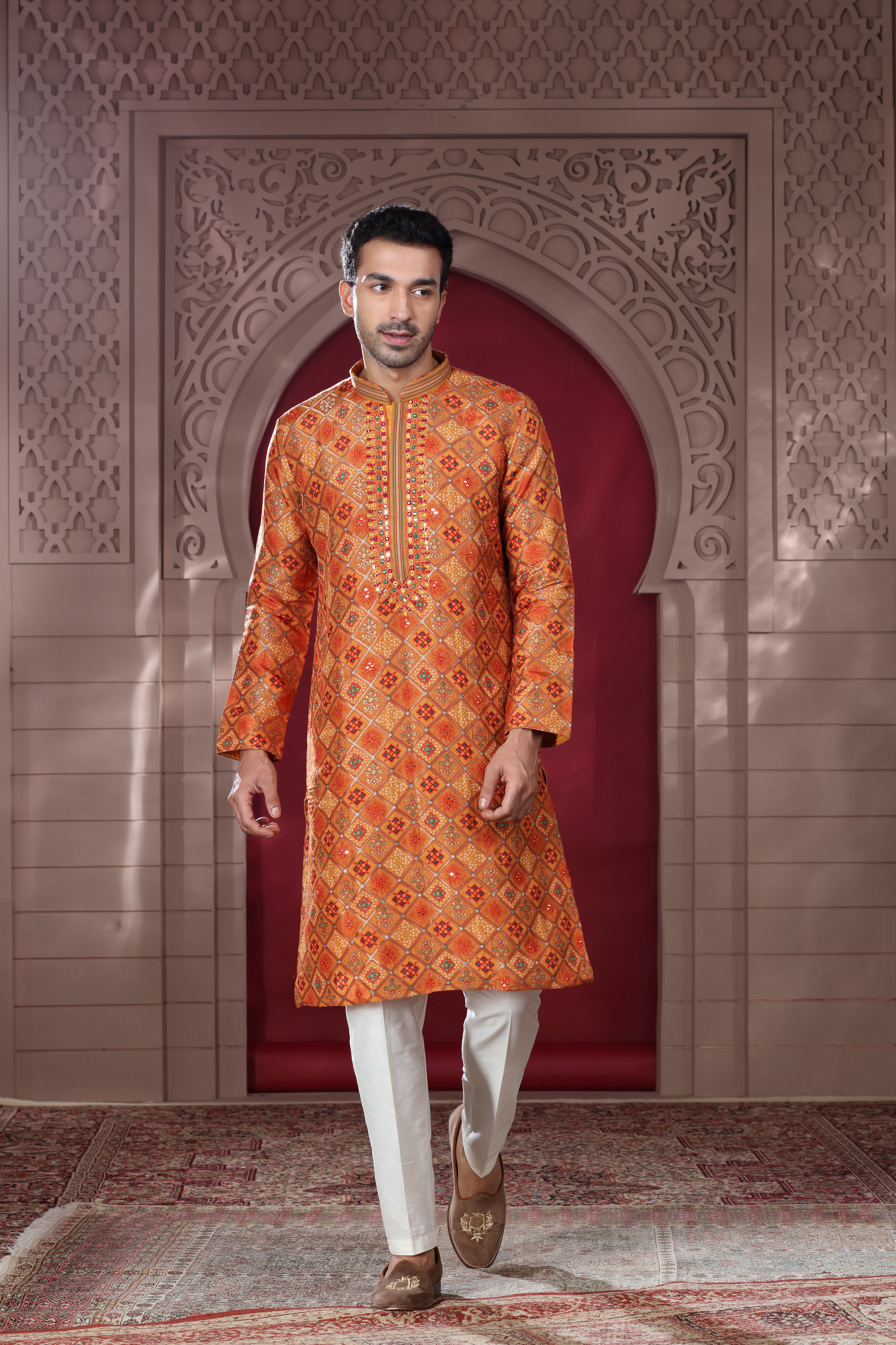 Orange Silk Kurta with Silver Aari Sequence Work