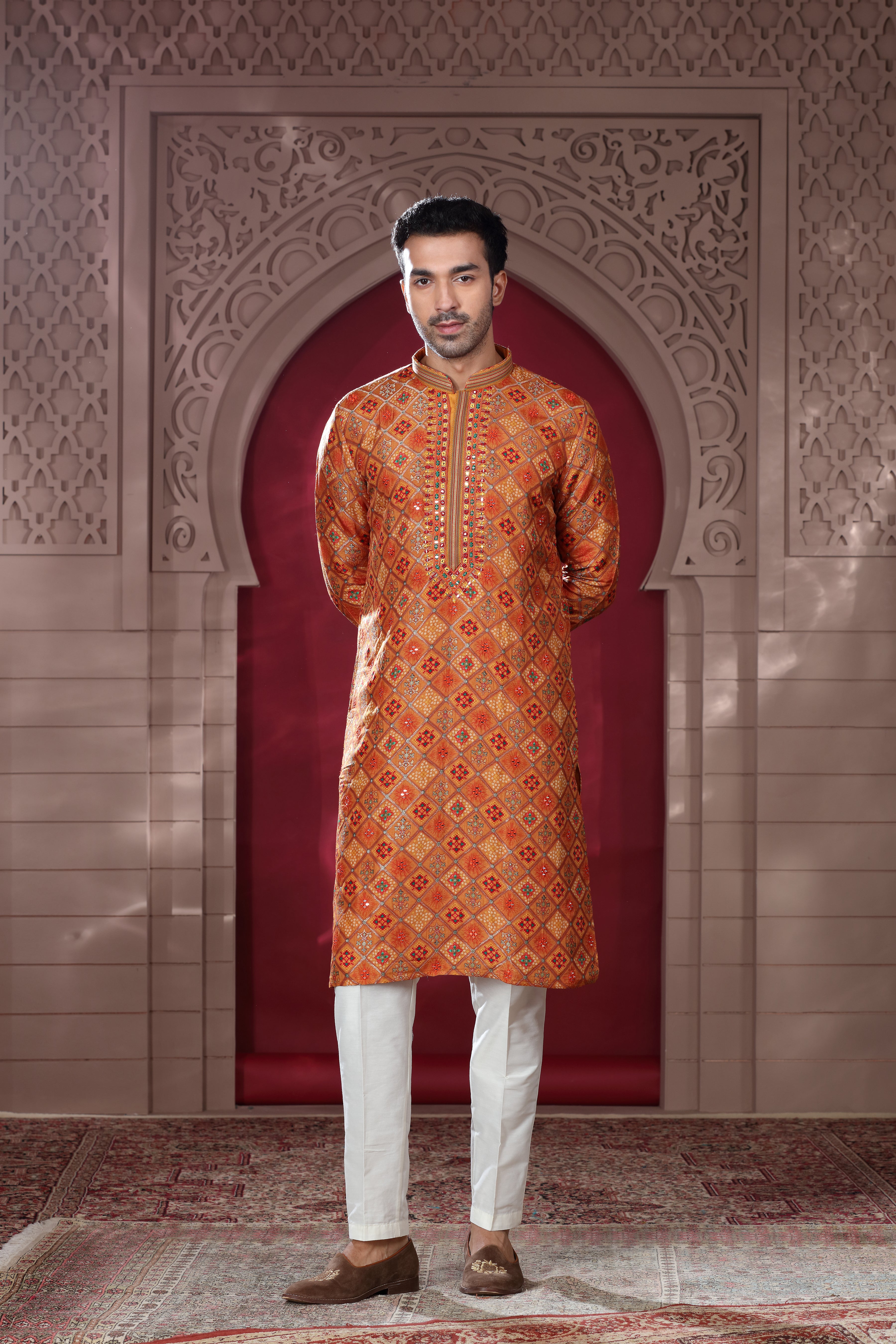 Orange Silk Kurta with Thread Embroidery, Aari Work & Mirror Details