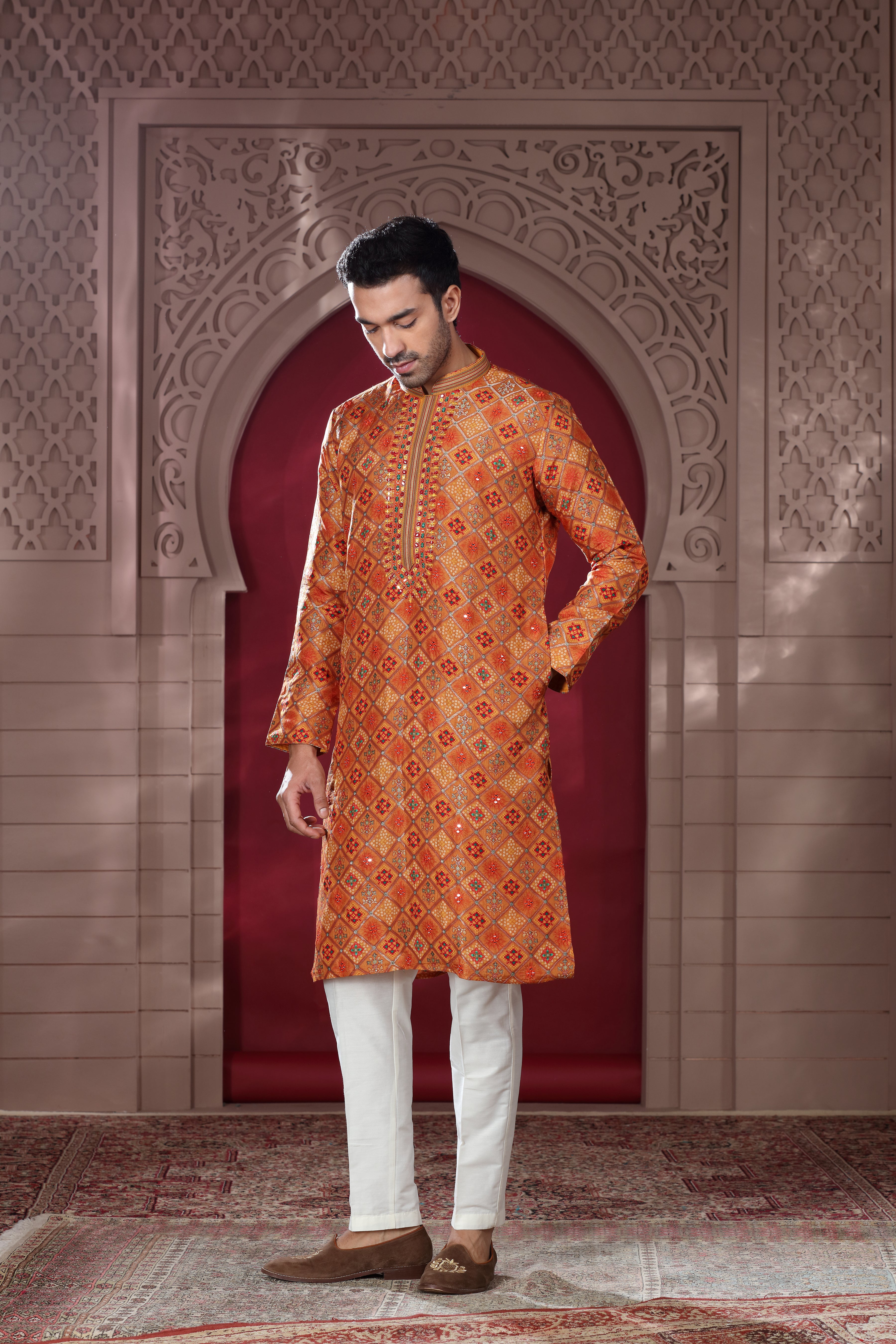 Orange Silk Kurta with Silver Aari Sequence Work