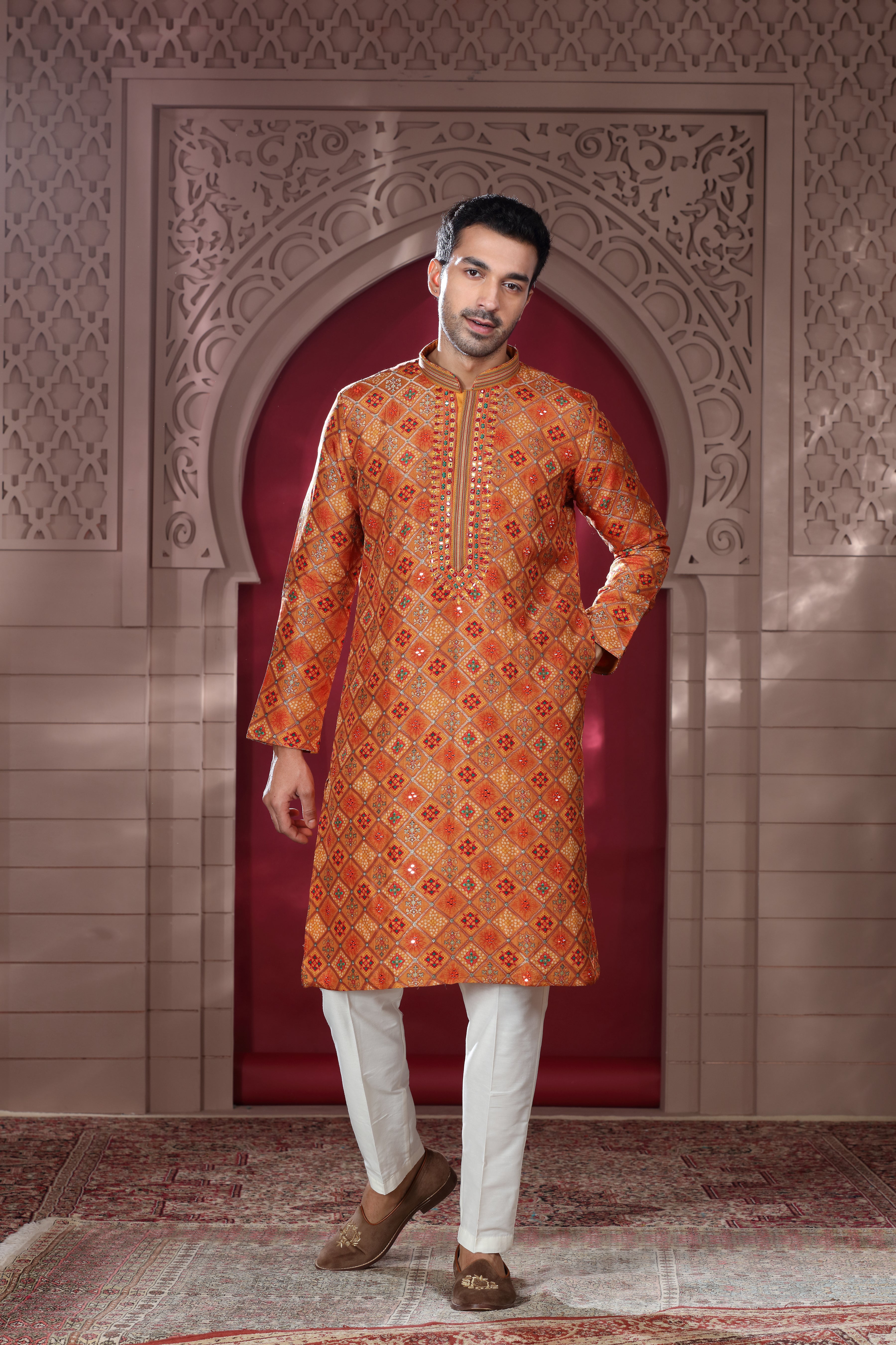 Orange Silk Kurta with Thread Embroidery, Aari Work & Mirror Details