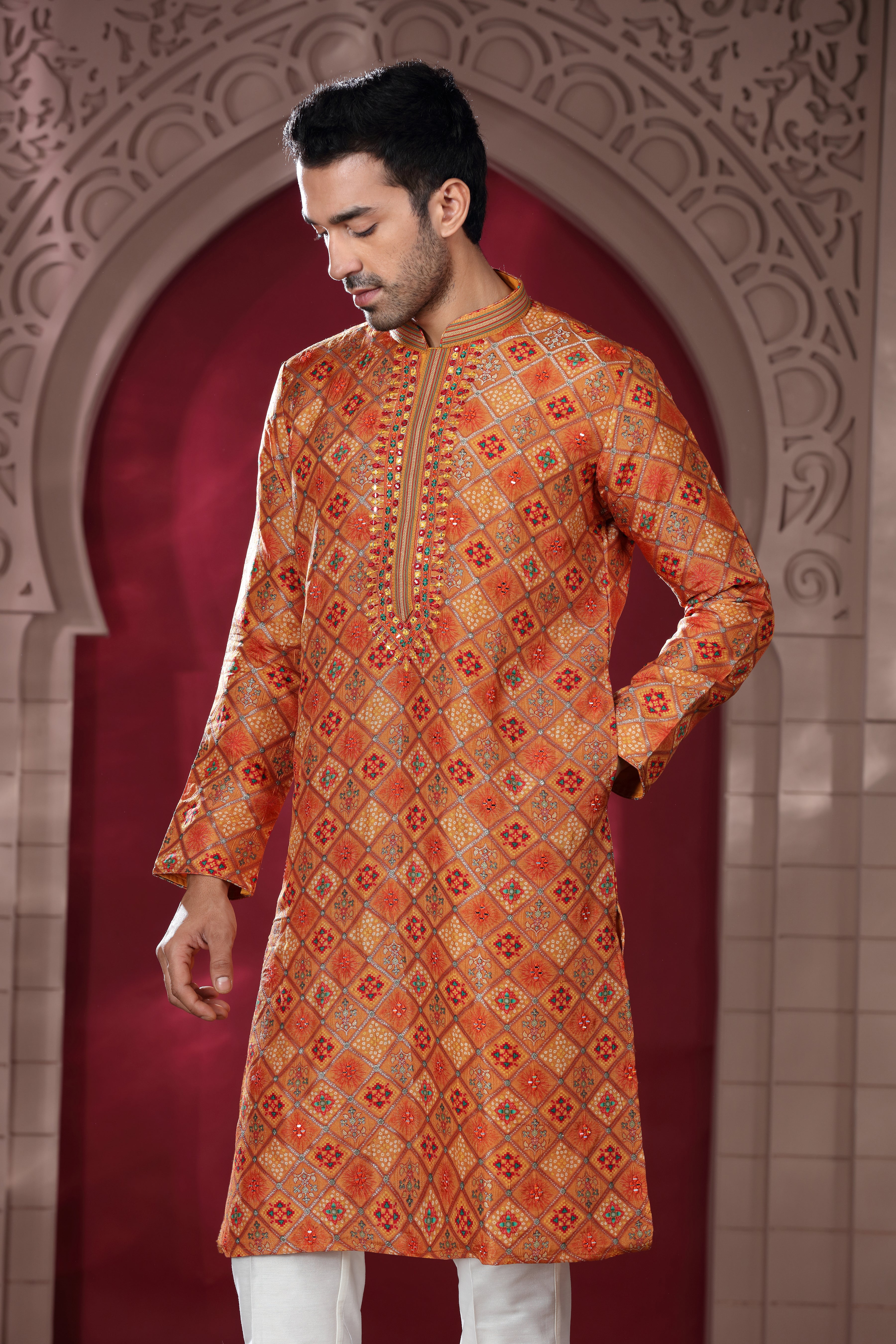 Orange Silk Kurta with Silver Aari Sequence Work