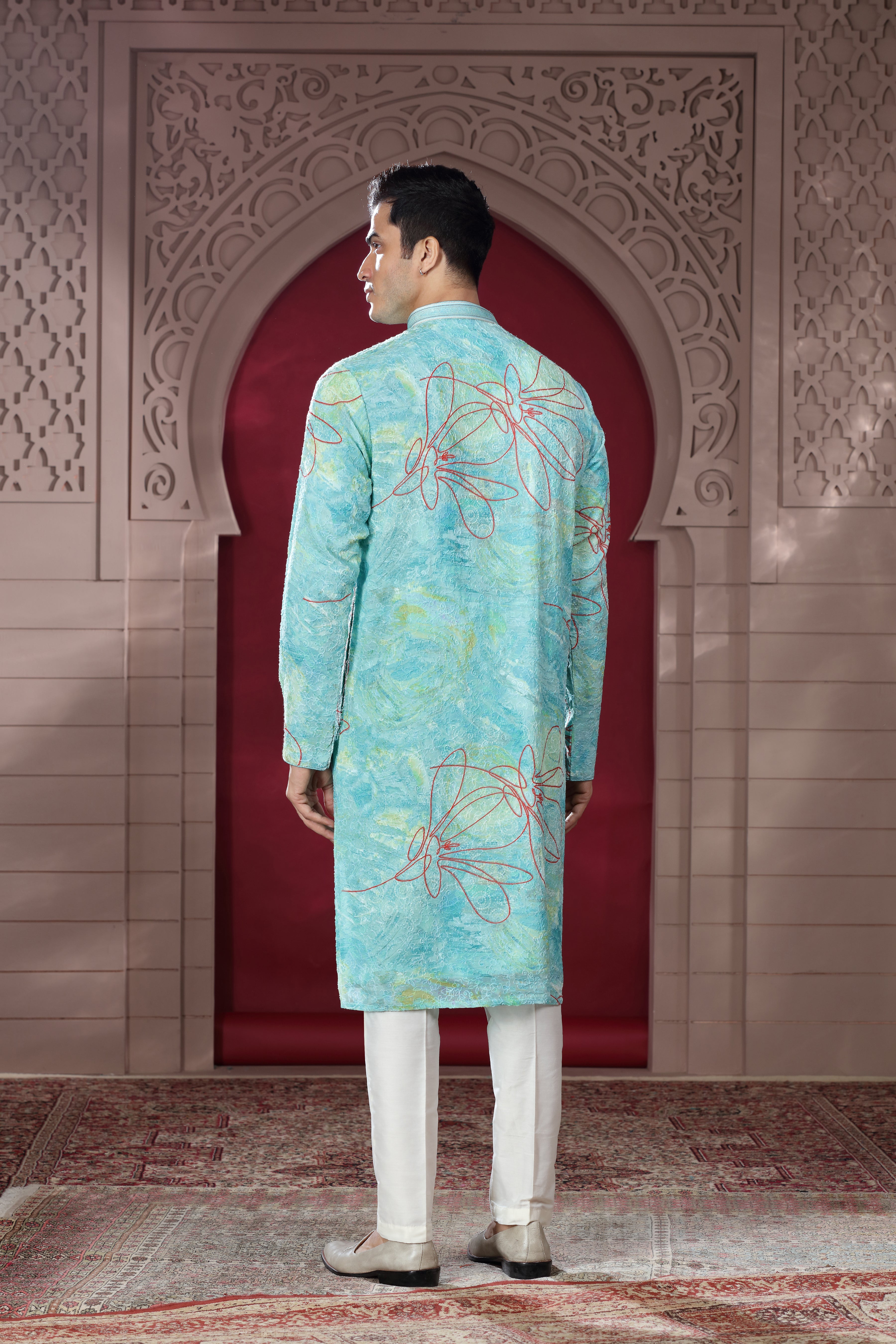 Pastel Blue Silk Kurta with Bandhej Thread Work