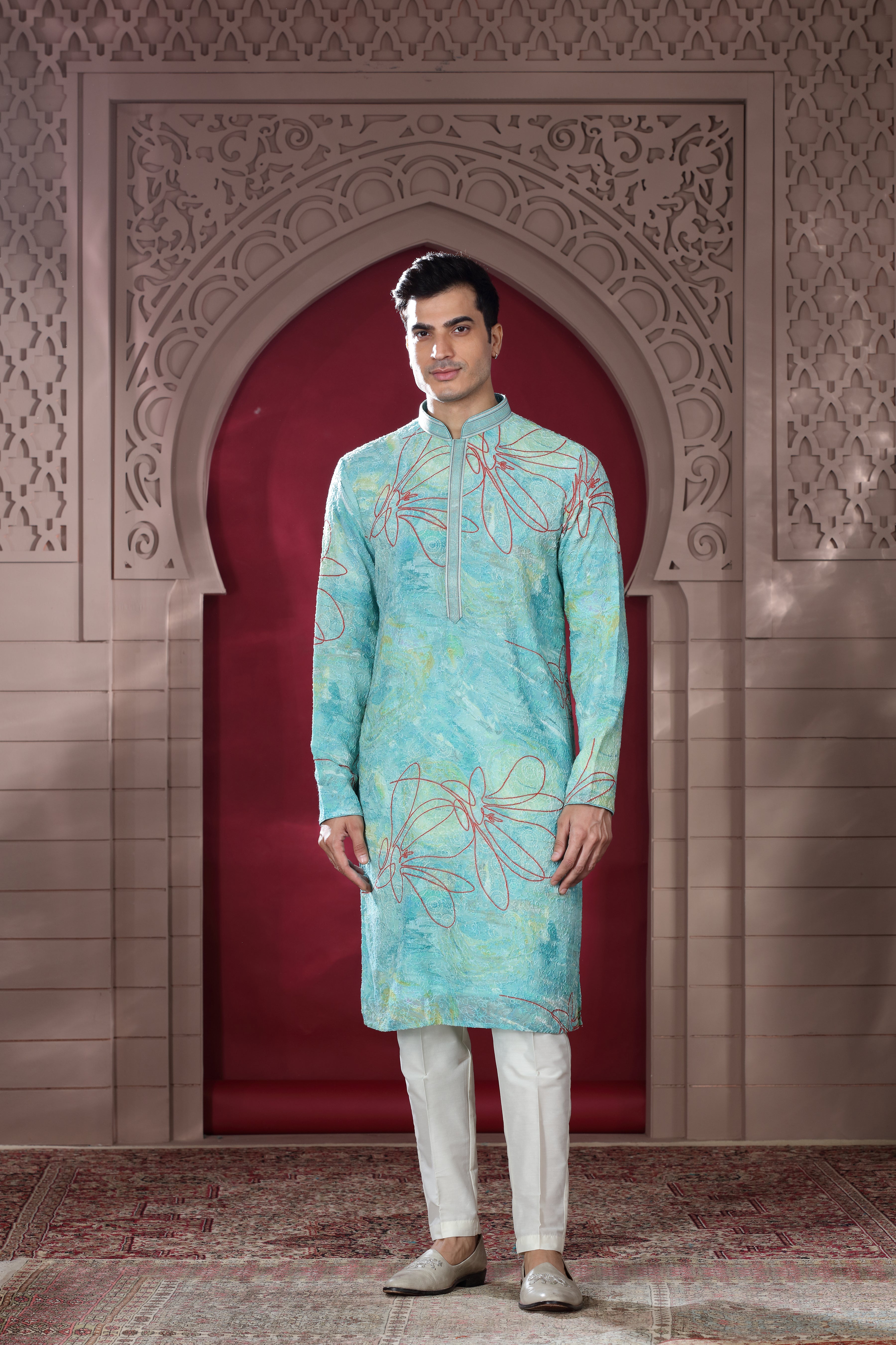 Pastel Blue Silk Kurta with Bandhej Thread Work