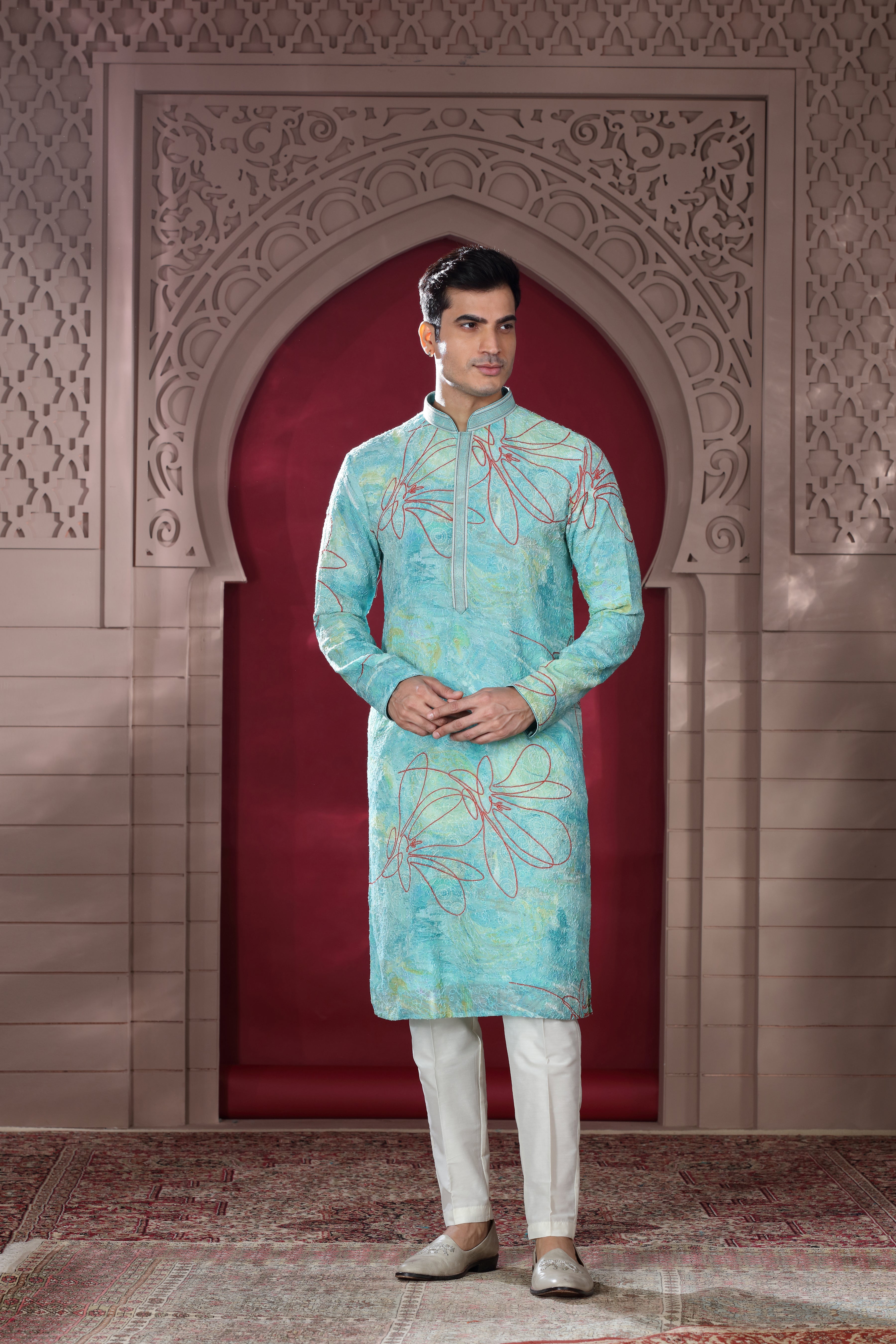 Pastel Blue Silk Kurta with Bandhej Thread Work