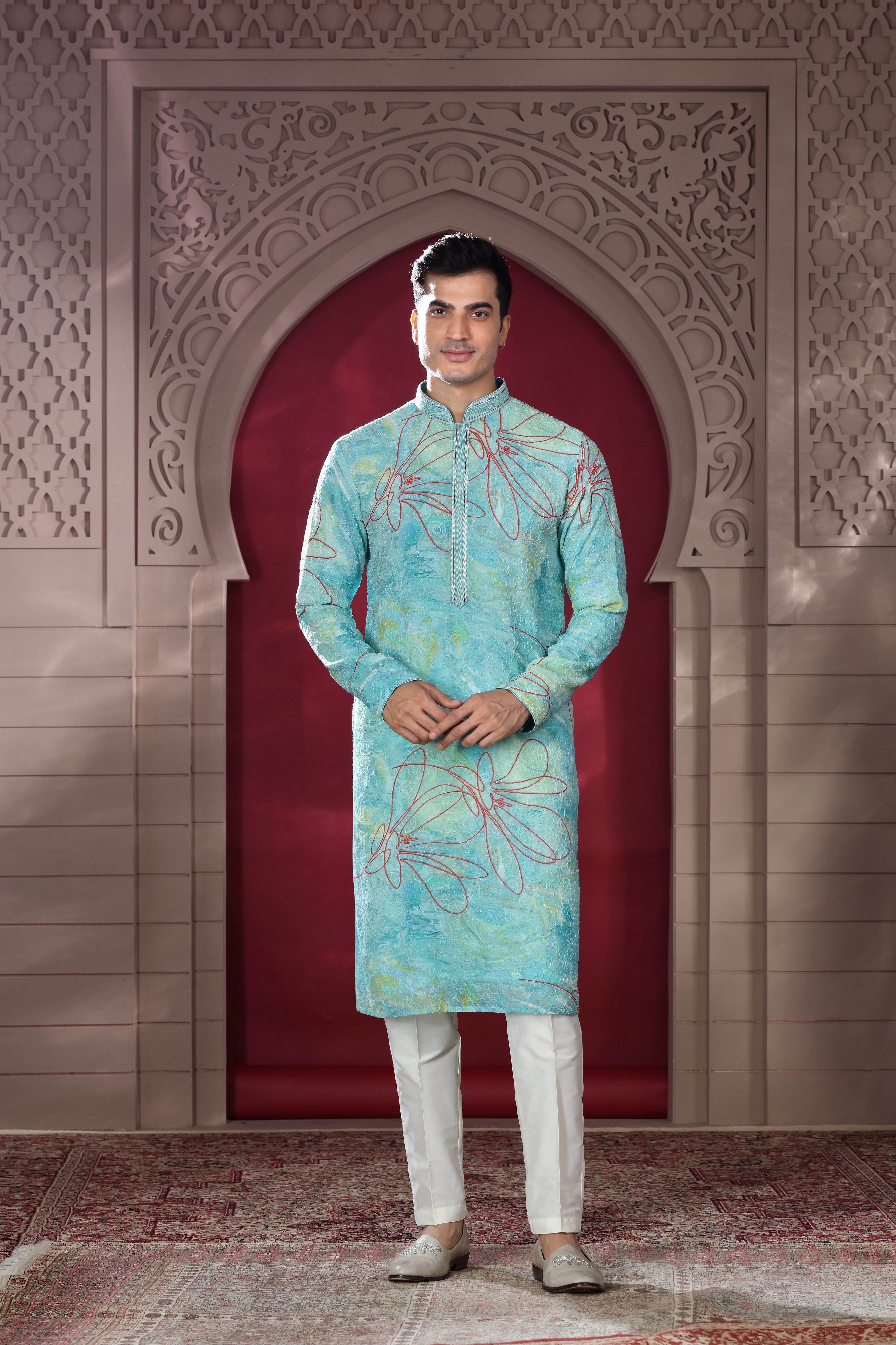 Pastel Blue Silk Kurta with Bandhej Thread Work