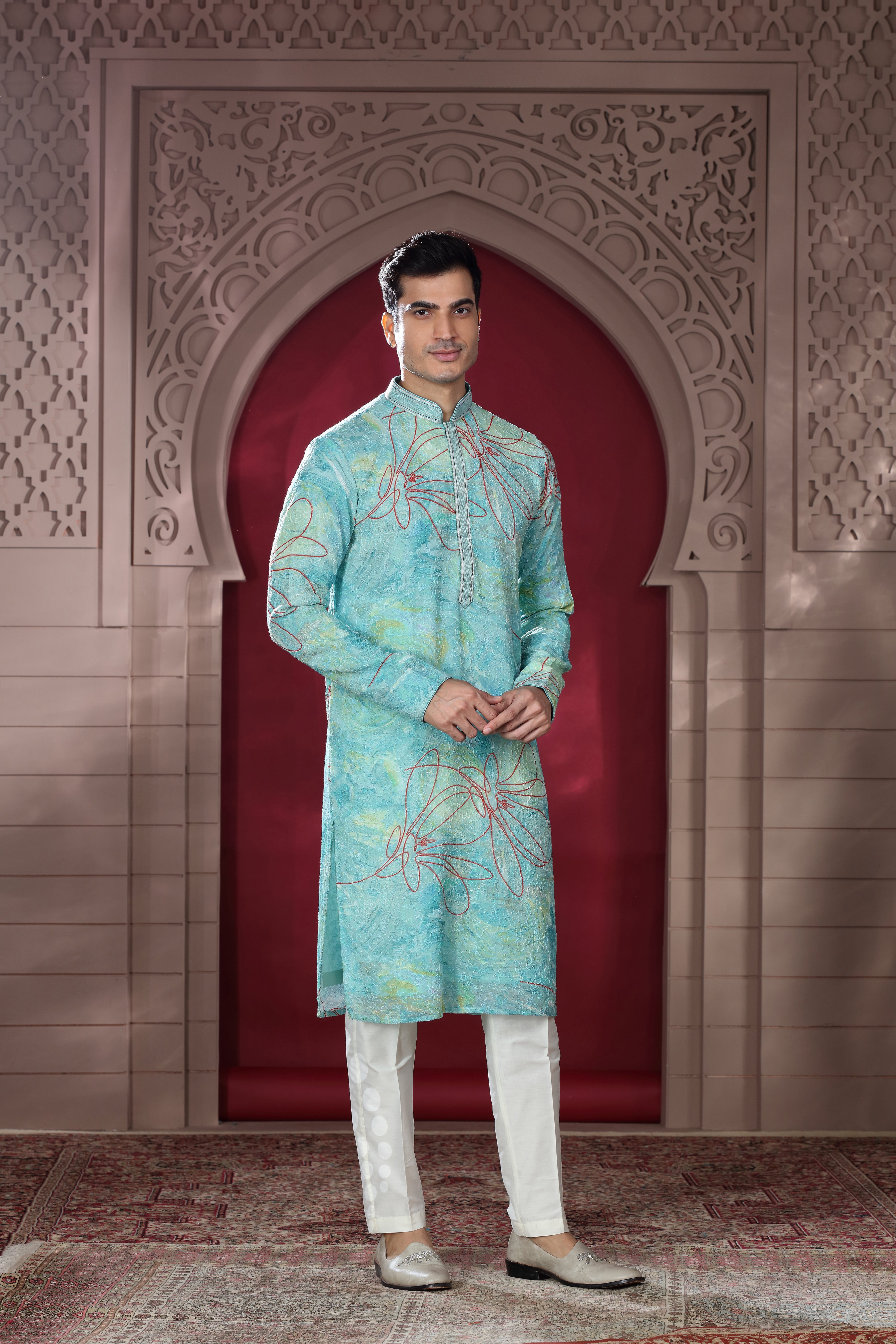 Pastel Blue Silk Kurta with Bandhej Thread Work