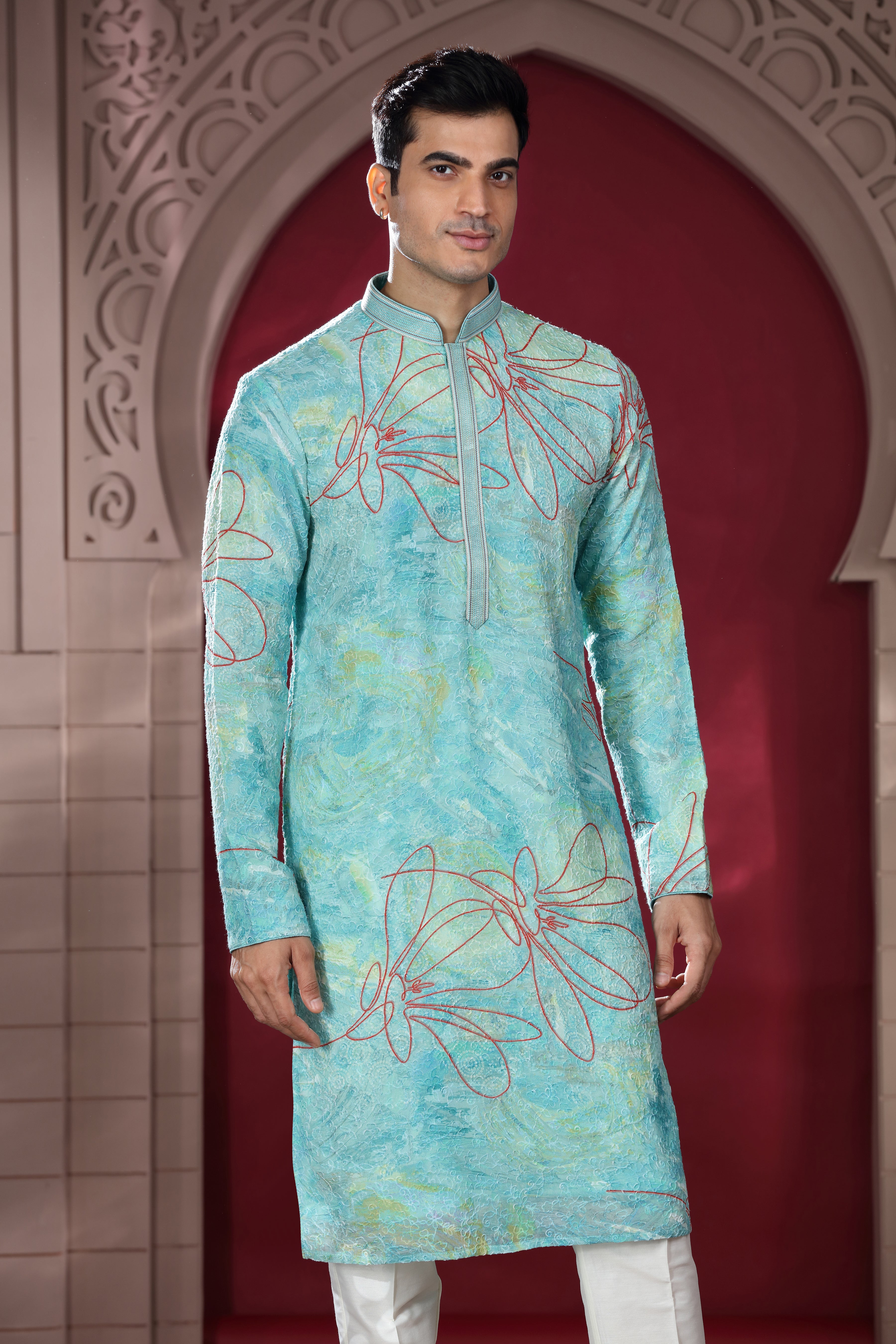 Pastel Blue Silk Kurta with Bandhej Thread Work